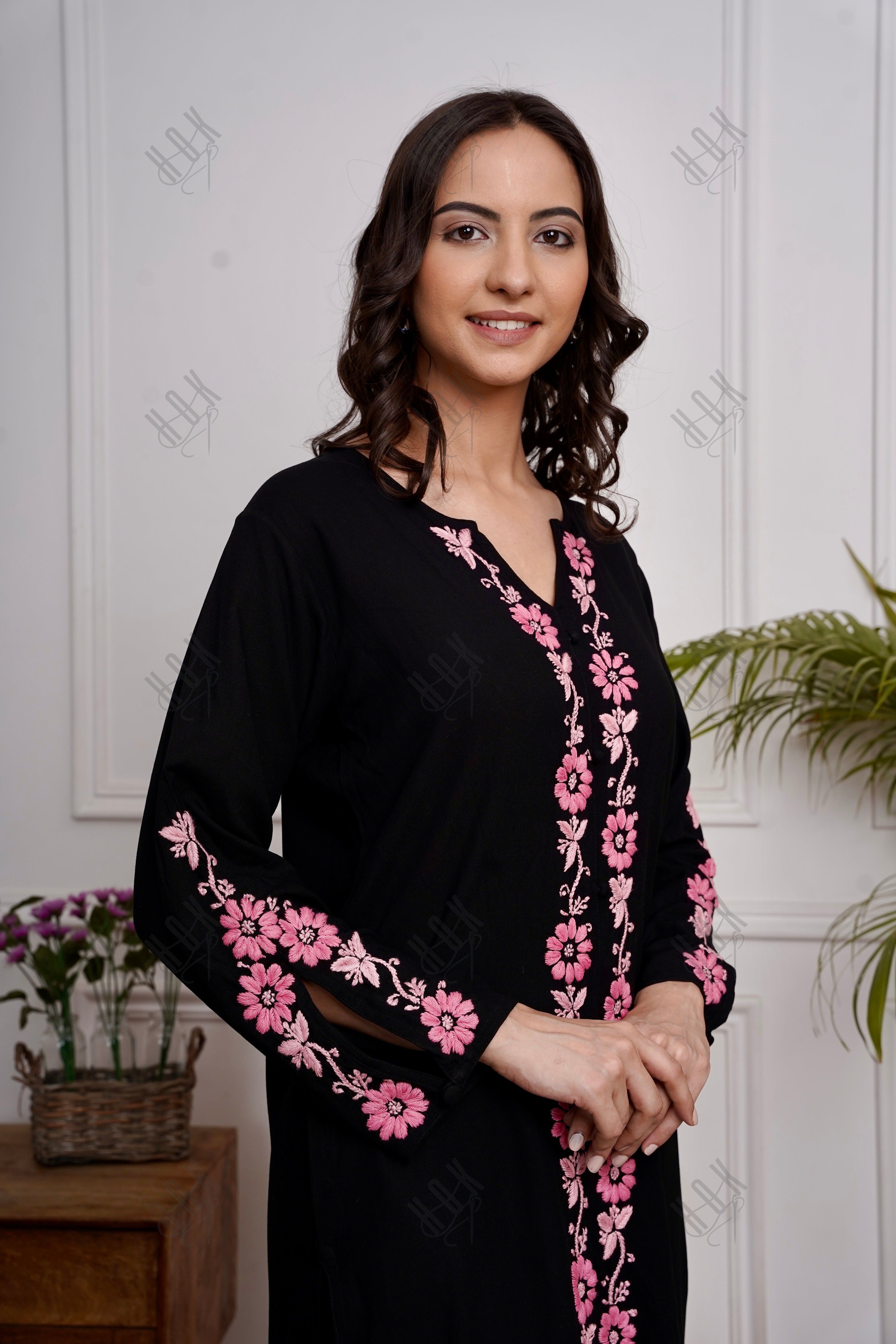 Saba Chikankari Kurta in Rayon Cotton - Black