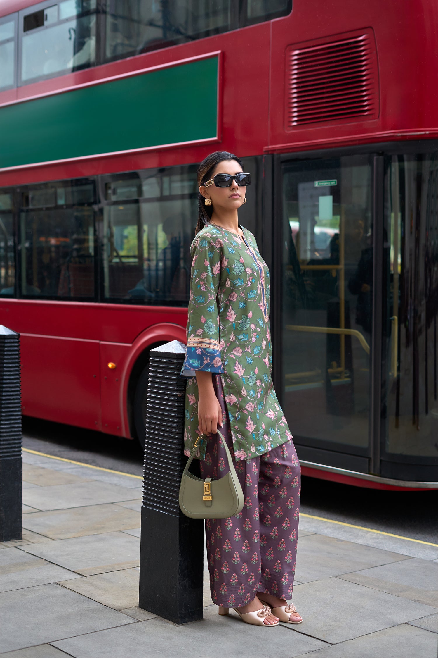 Pashmina Printkari Coord Set with Farsi Bottoms – Olive Green
