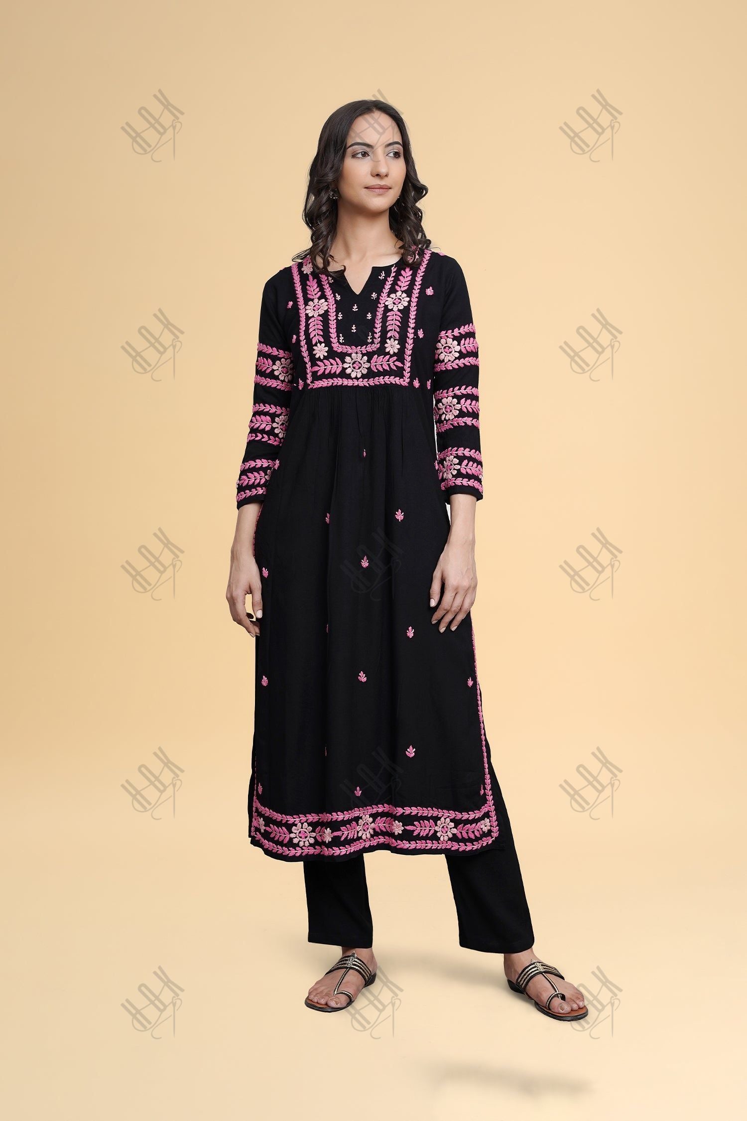 Saba Chikankari Long Kurta in Rayon Cotton - Black