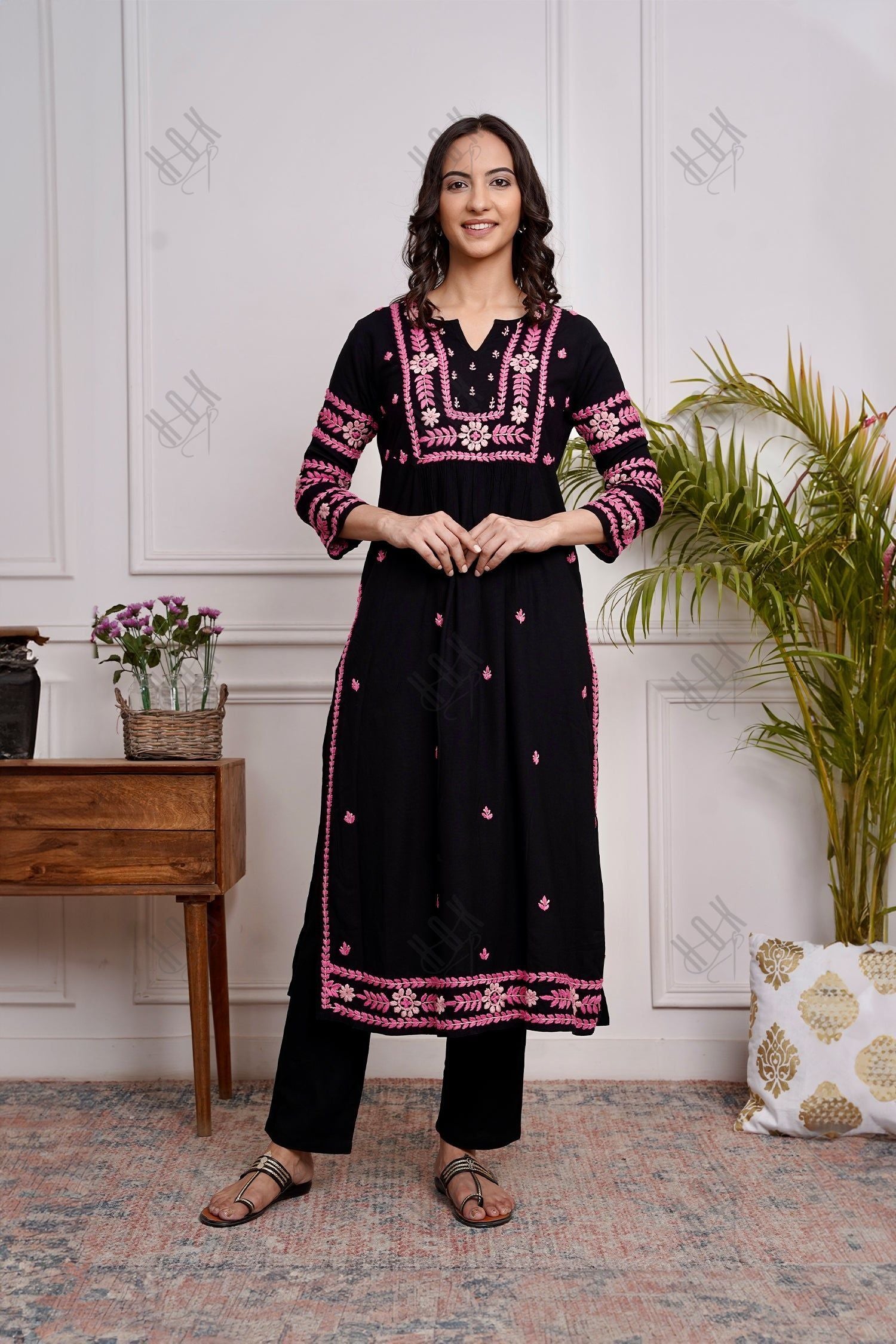 Saba Chikankari Kurta in Rayon Cotton - Black