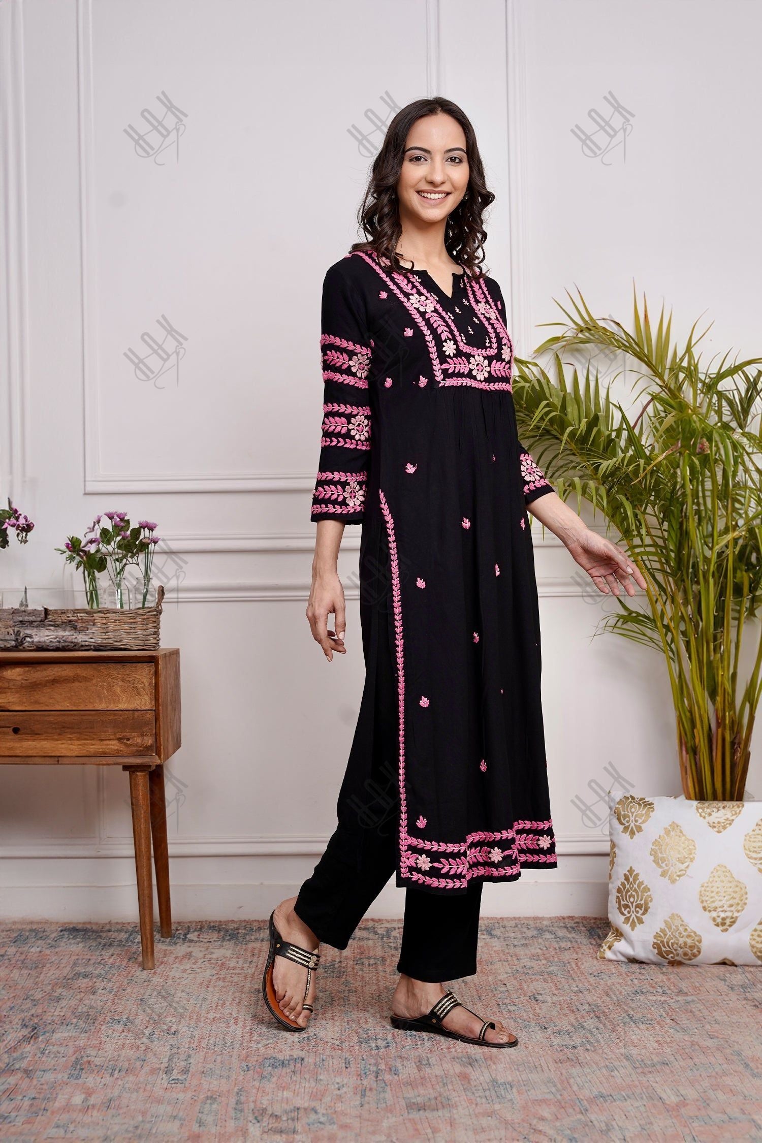 Saba Chikankari Long Kurta in Rayon Cotton - Black