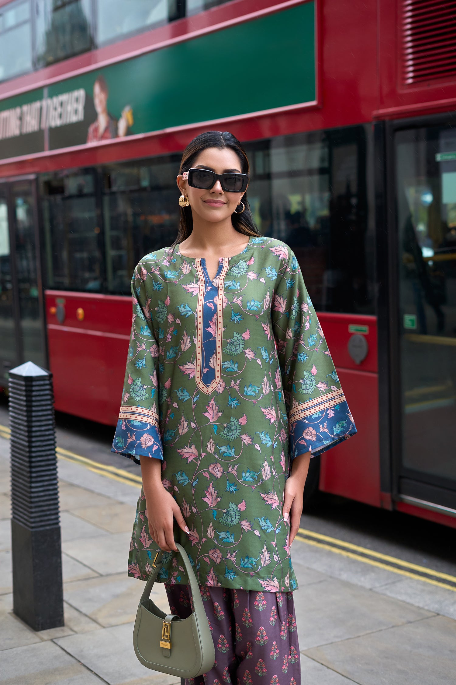 Pashmina Printkari Coord Set with Farsi Bottoms – Olive Green