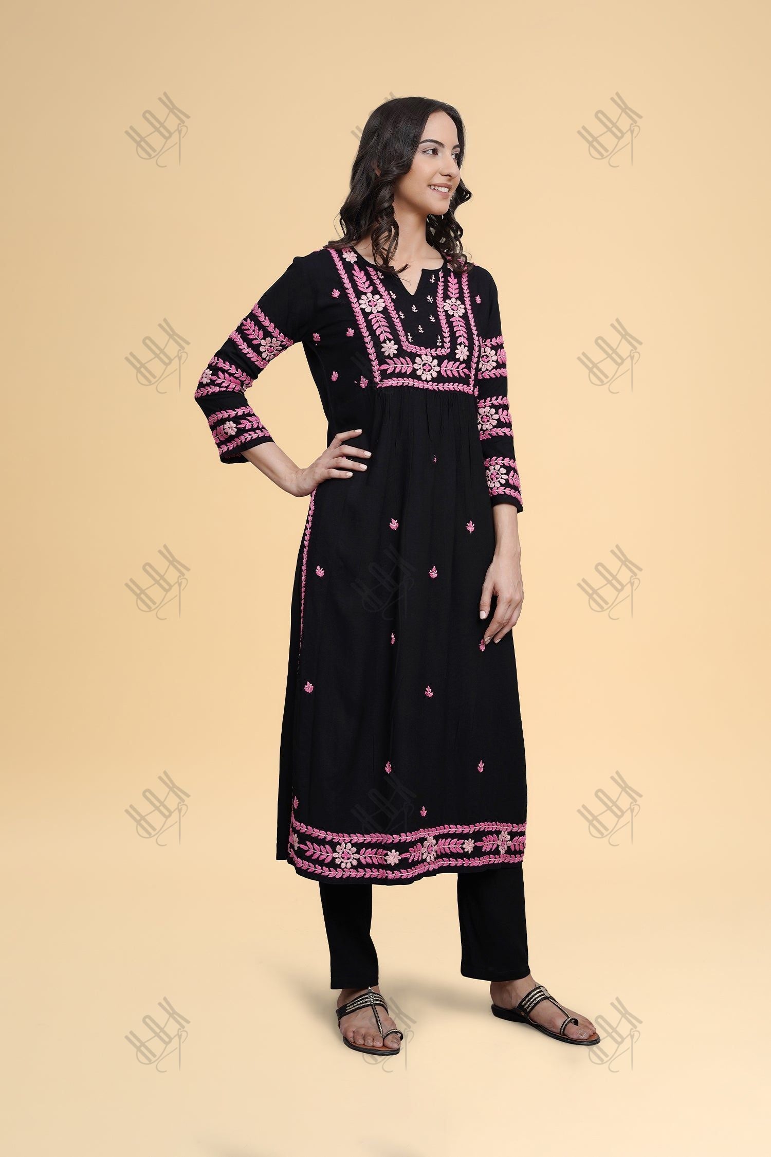 Saba Chikankari Long Kurta in Rayon Cotton - Black