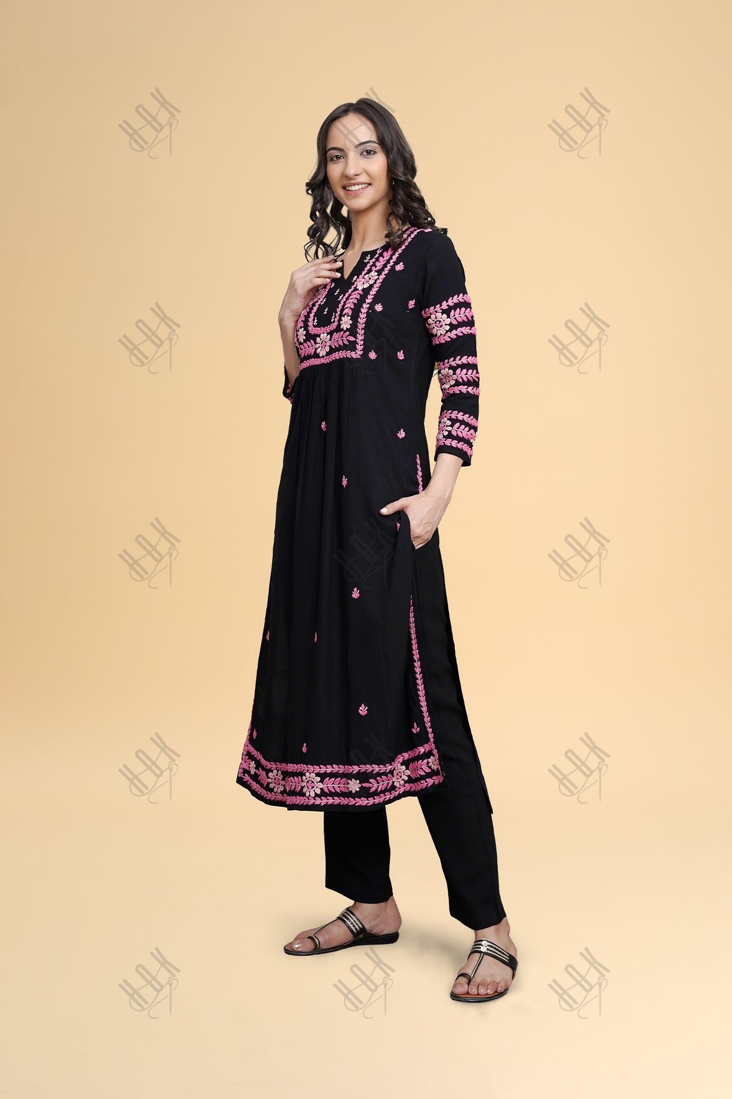 Saba Chikankari Long Kurta in Rayon Cotton - Black