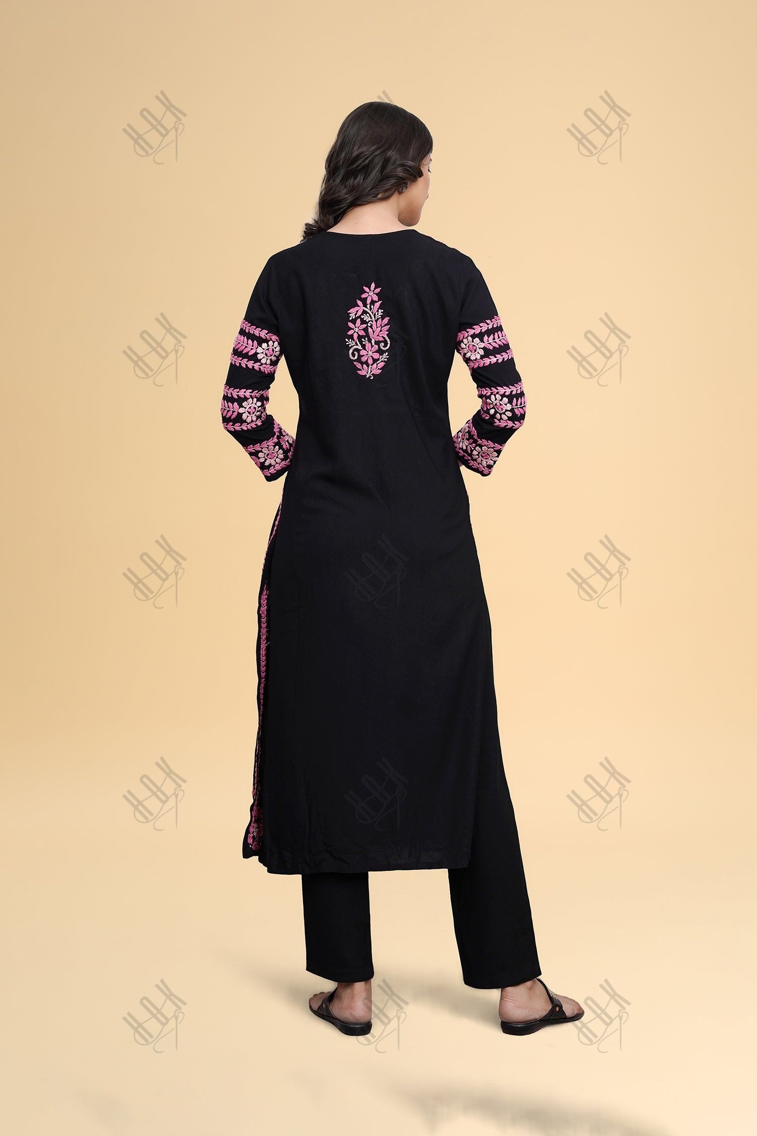 Saba Chikankari Long Kurta in Rayon Cotton - Black