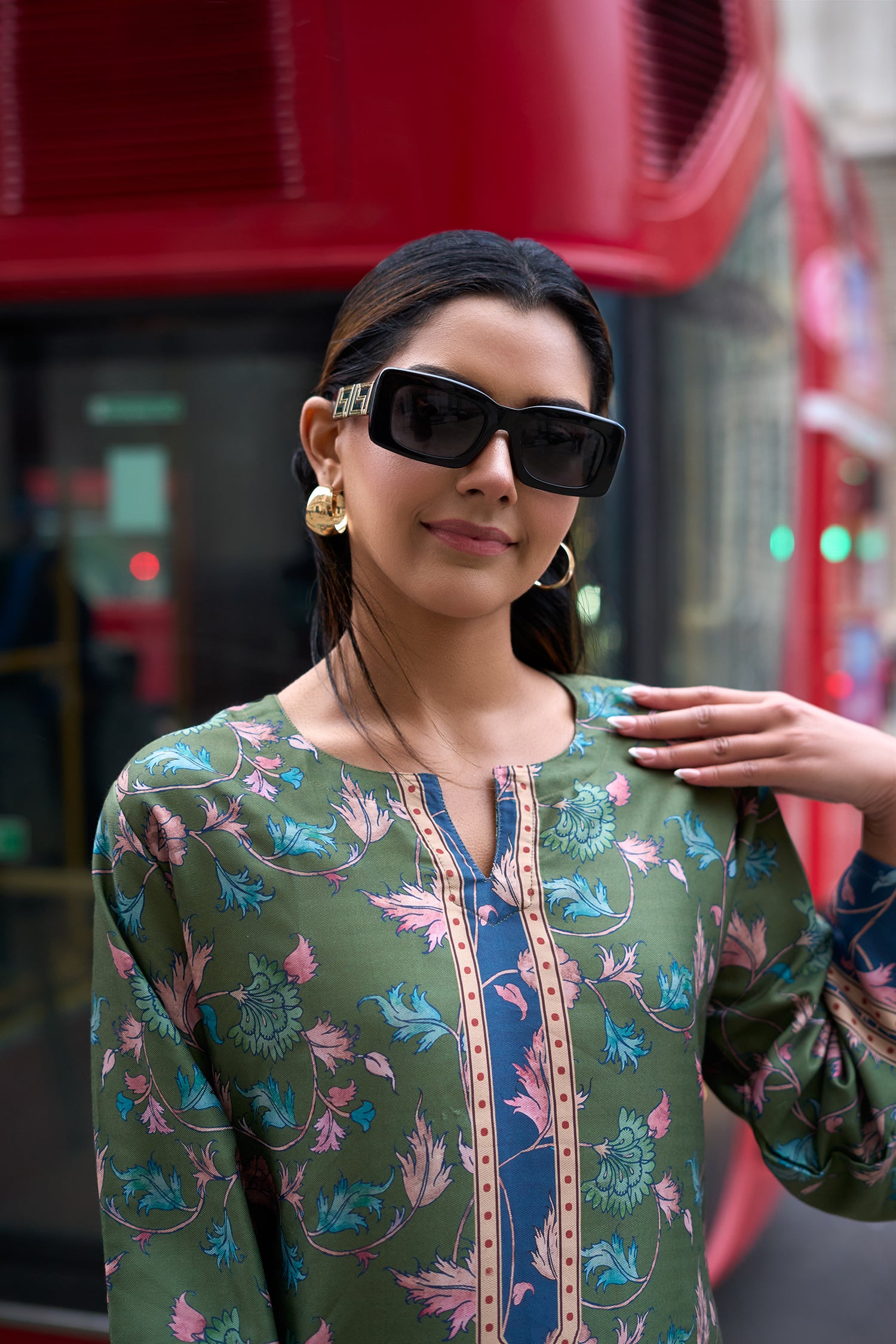 Pashmina Printkari Coord Set with Farsi Bottoms – Olive Green