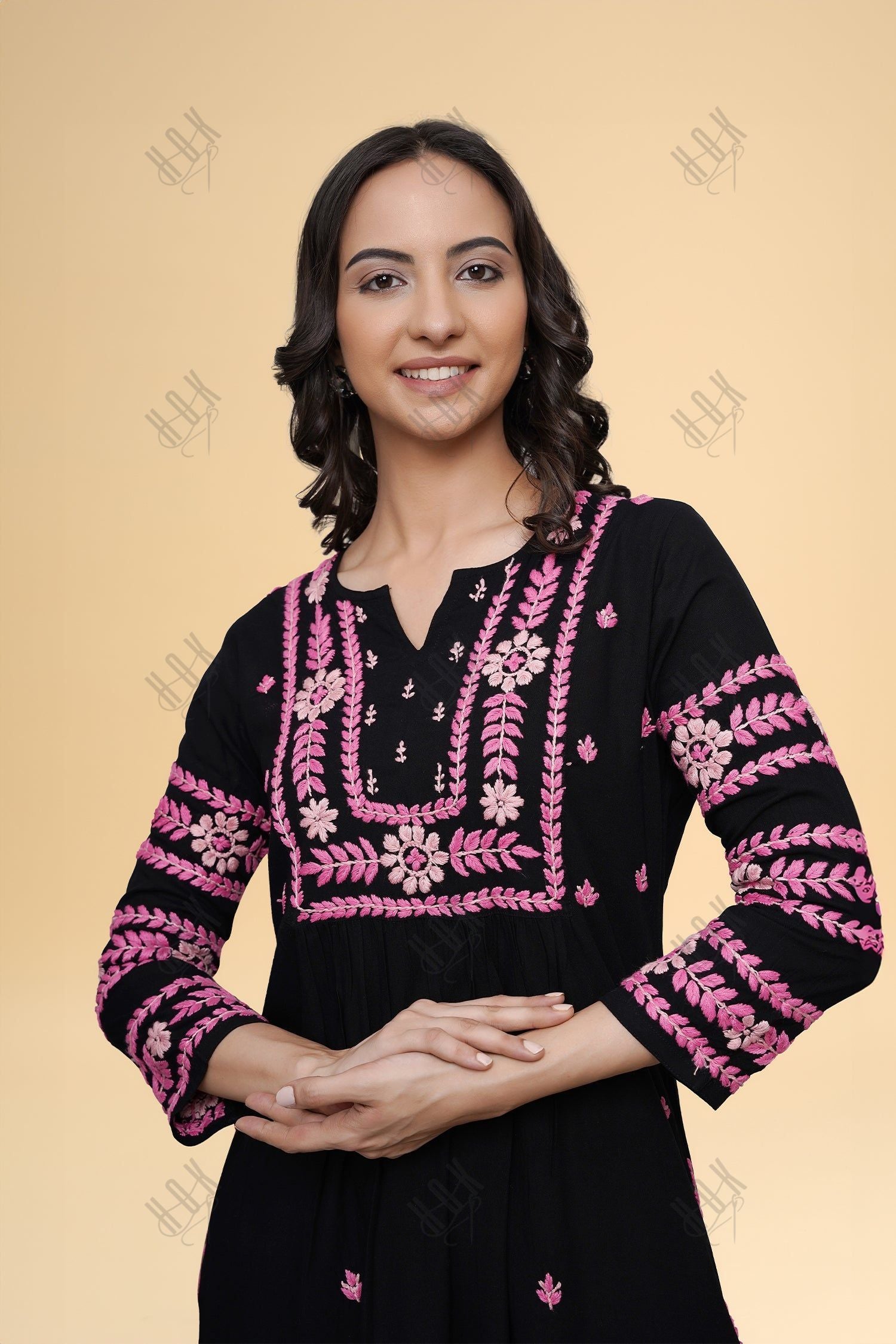 Saba Chikankari Long Kurta in Rayon Cotton - Black