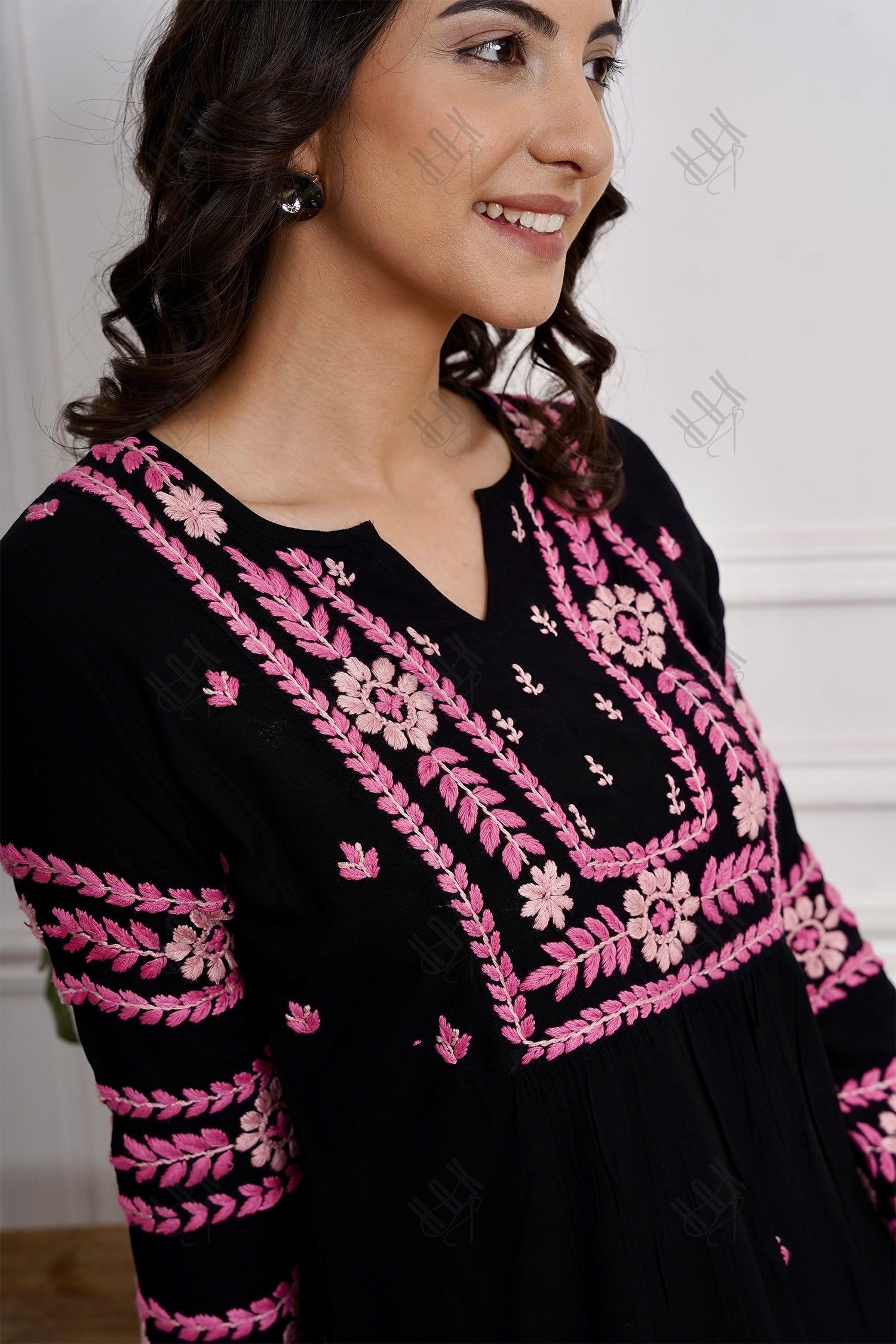 Saba Chikankari Long Kurta in Rayon Cotton - Black