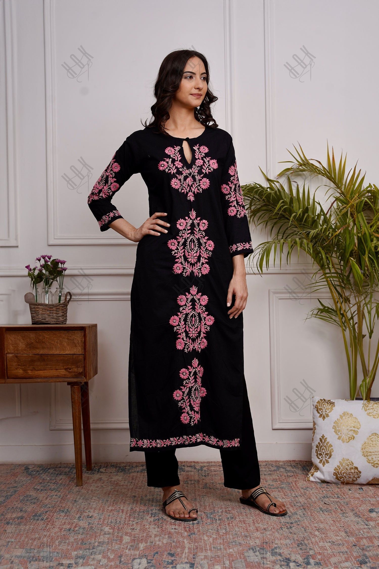 Saba Chikankari Long Kurti in Cotton - Black