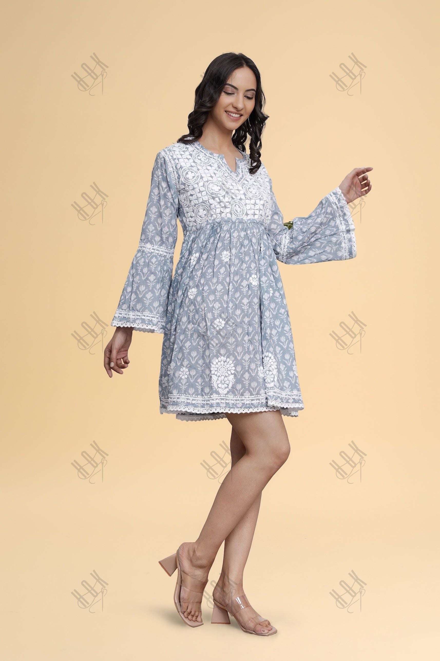 Saba Chikankari  Dress in Mul cotton -Blue