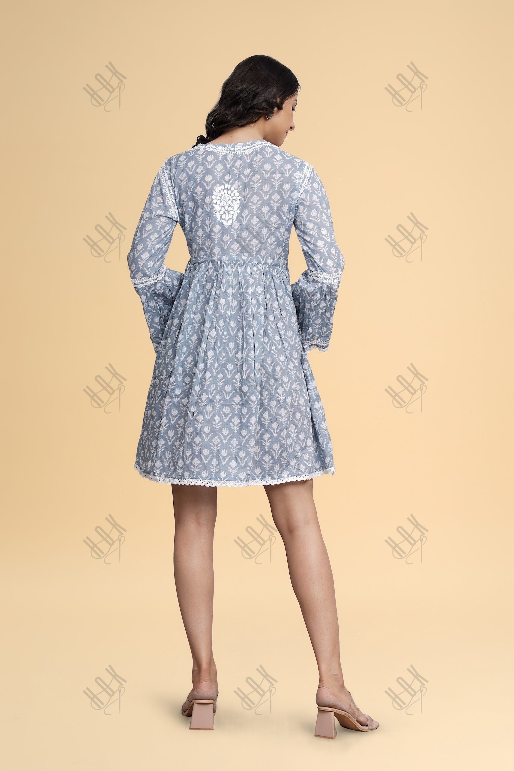 Saba Chikankari  Dress in Mul cotton -Blue