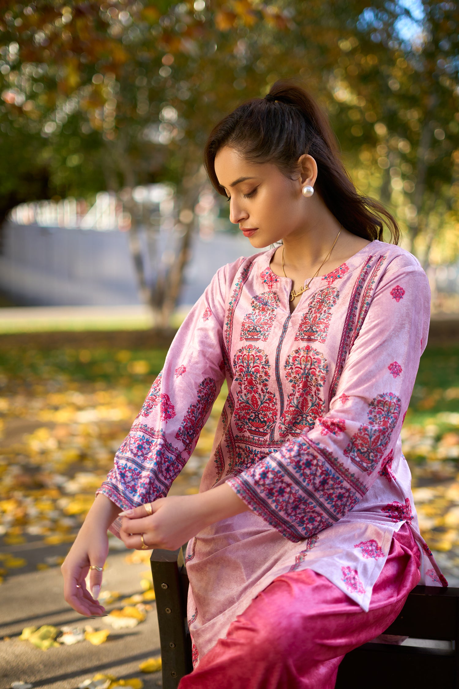 Velvet Printkari Coord Set with Farsi Bottoms – Rose Pink