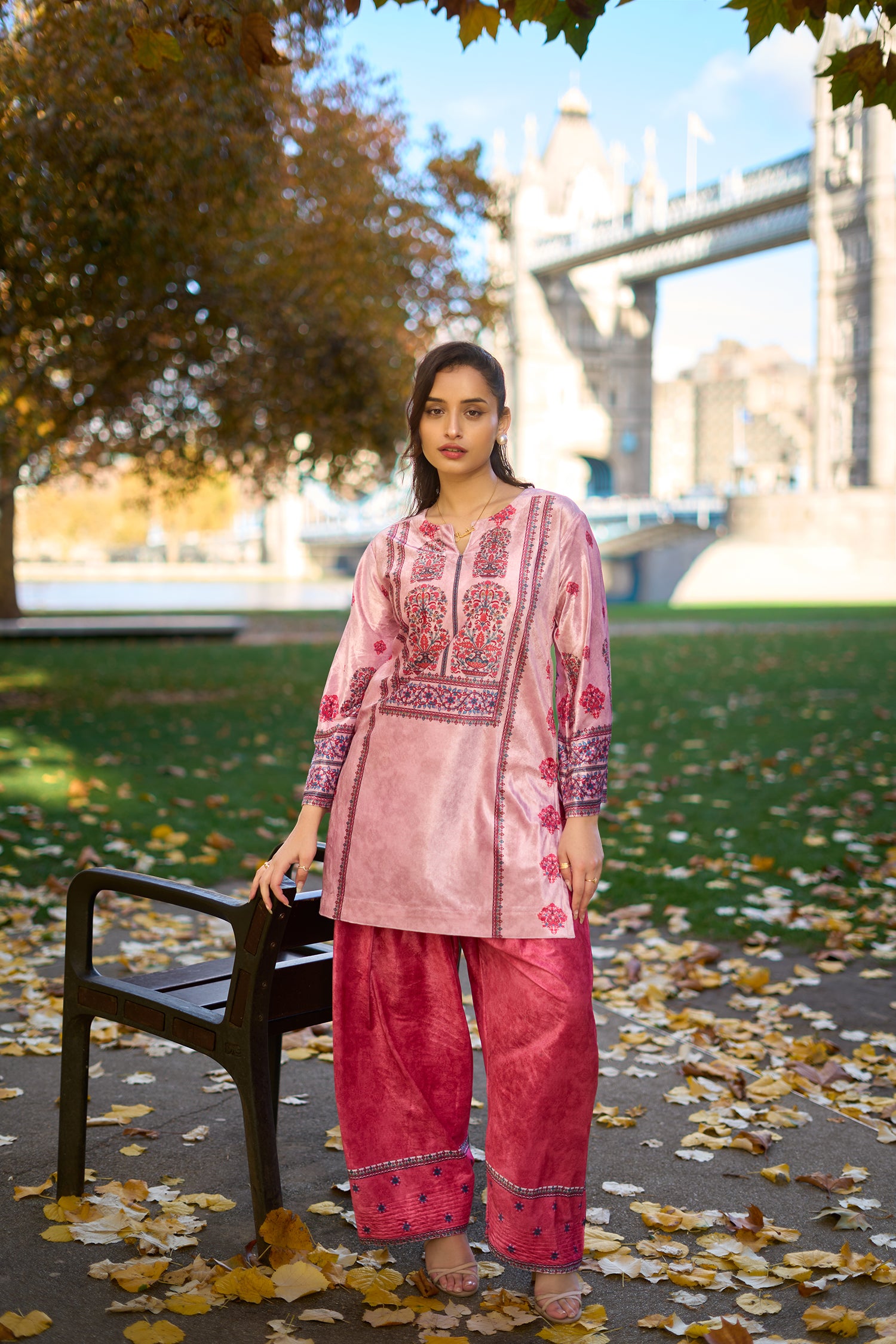 Velvet Printkari Coord Set with Farsi Bottoms – Rose Pink