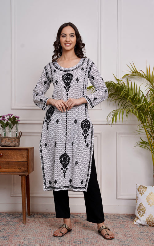 Saba Chikankari Kurta in Mul cotton in White With Black