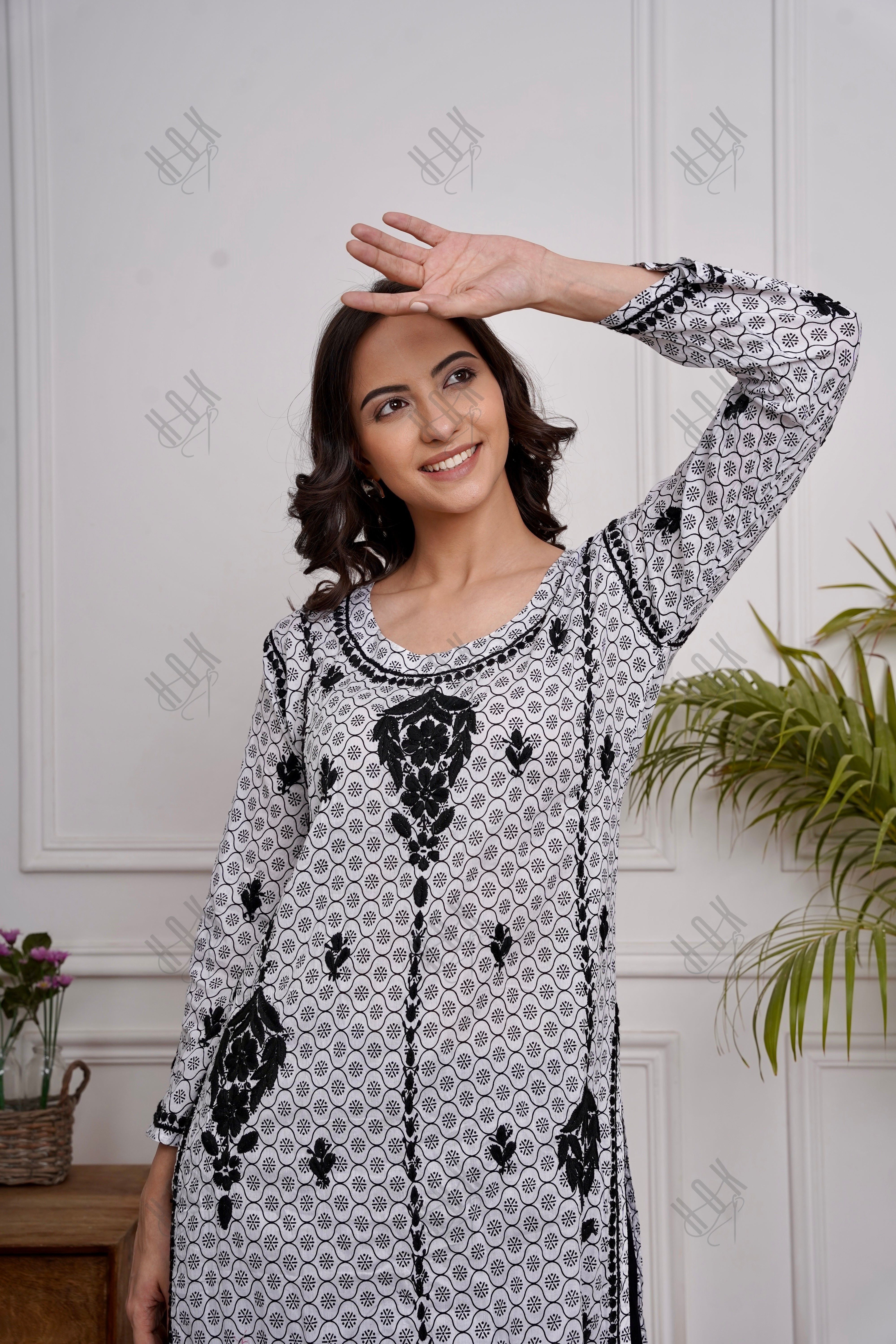 Saba Chikankari Kurta in Mul cotton in White With Black