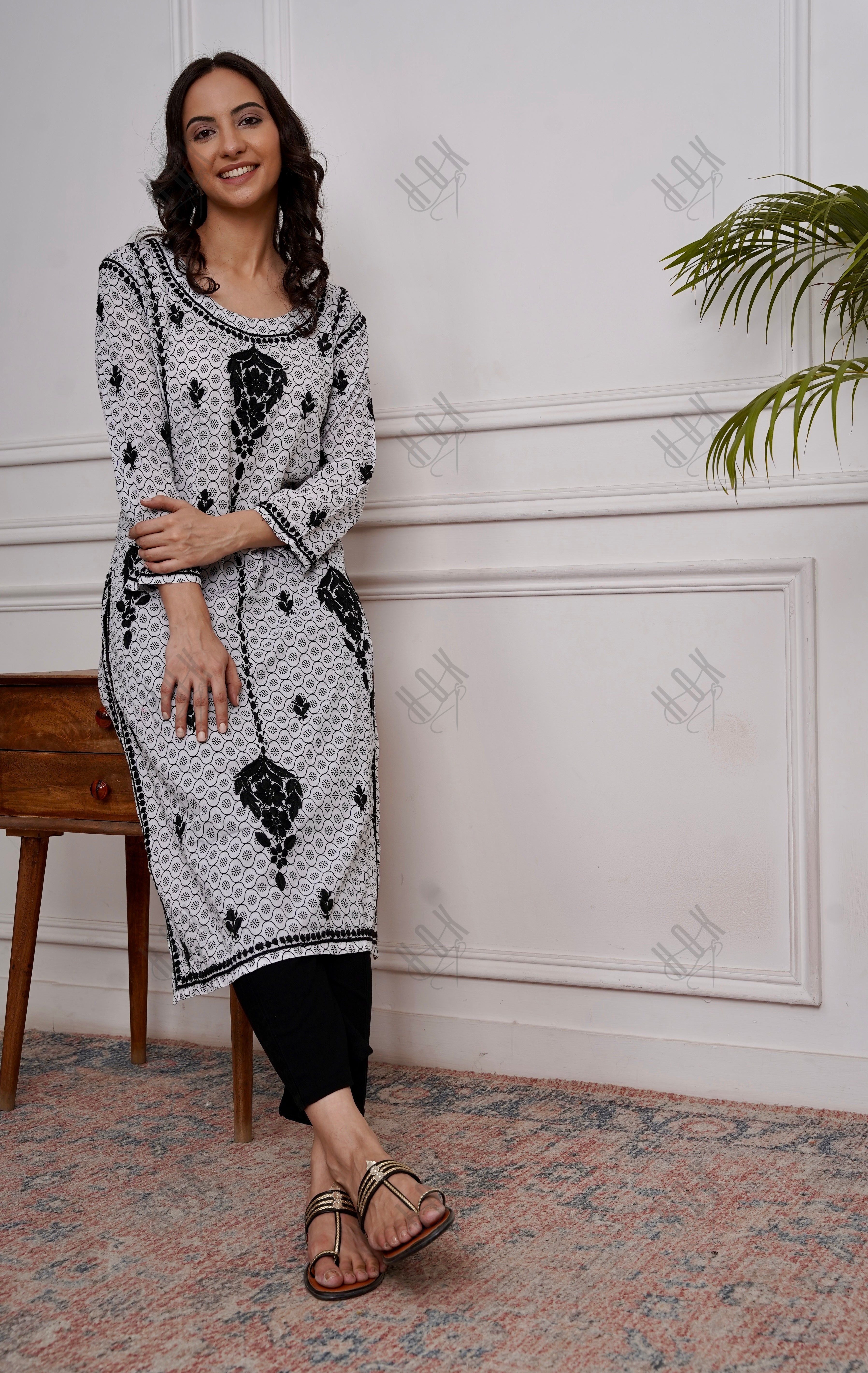 Saba Chikankari Kurta in Mul cotton in White With Black