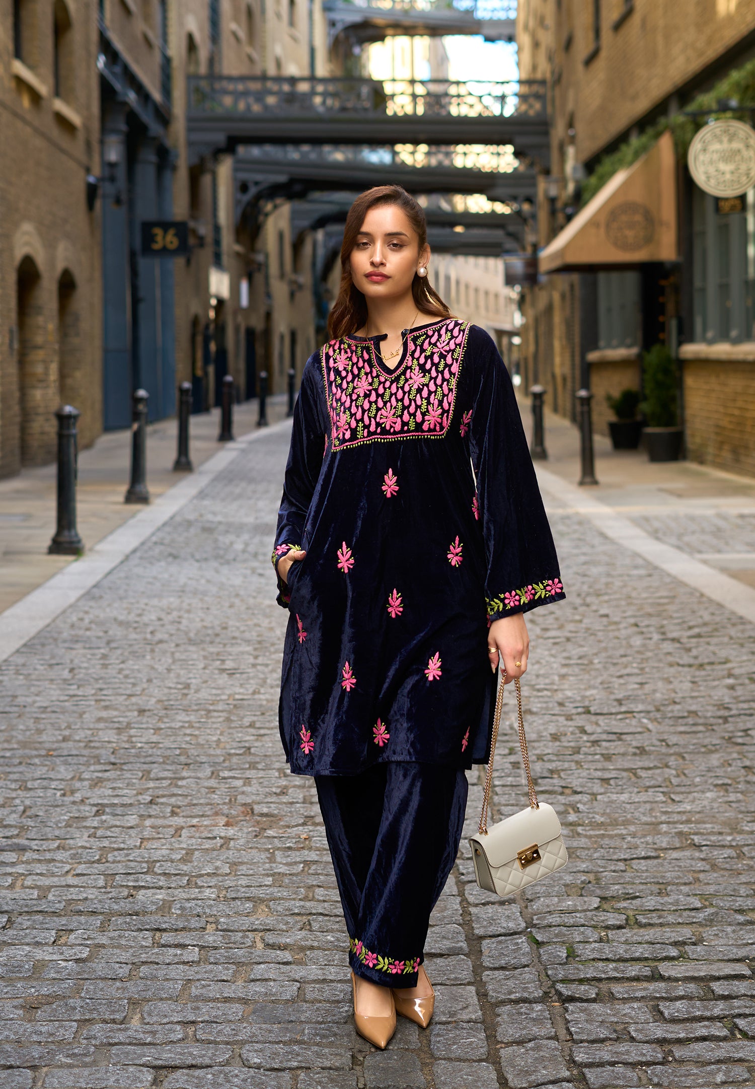 Velvet Chikankari Kurta Set – Blue