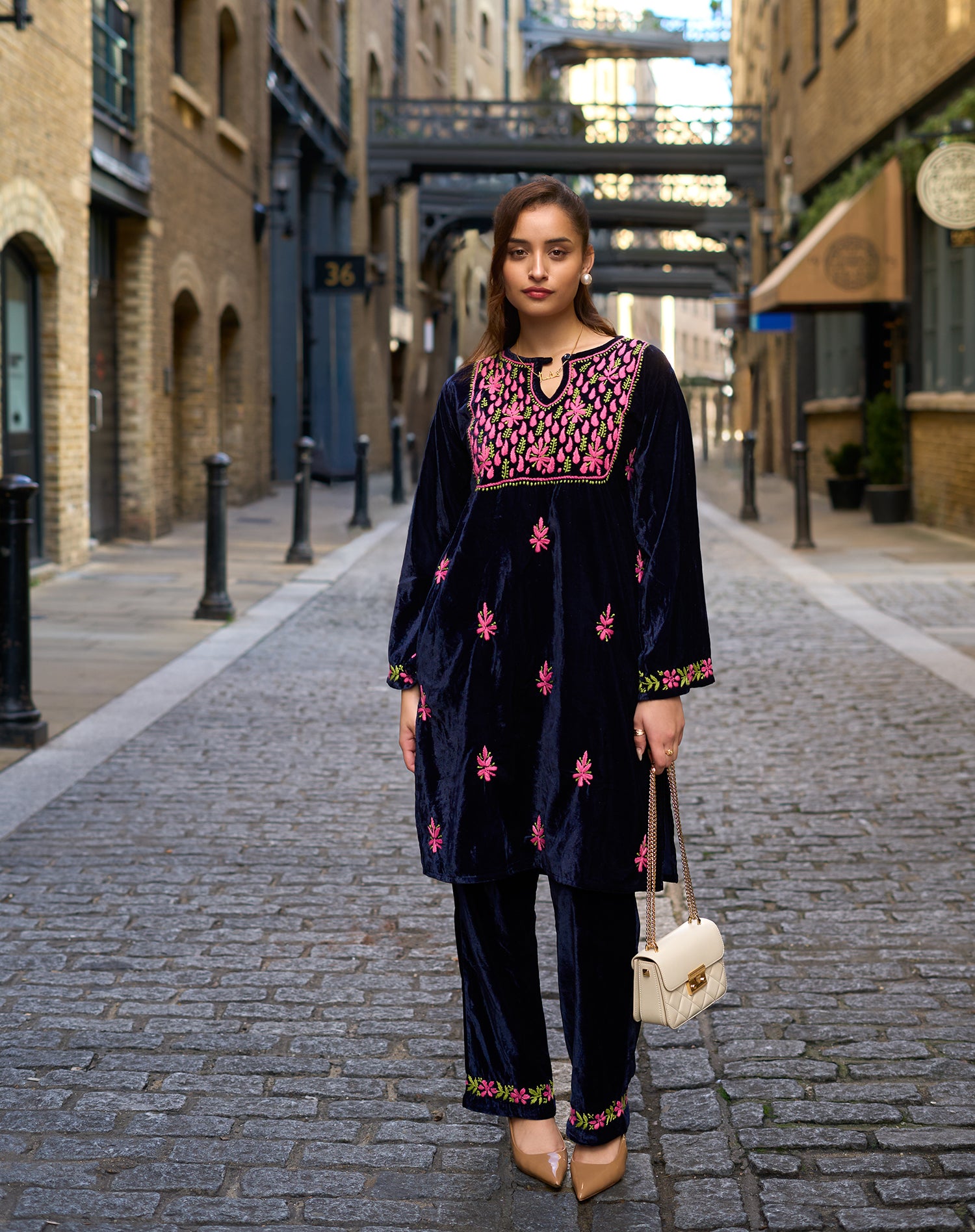 Velvet Chikankari Kurta Set – Blue