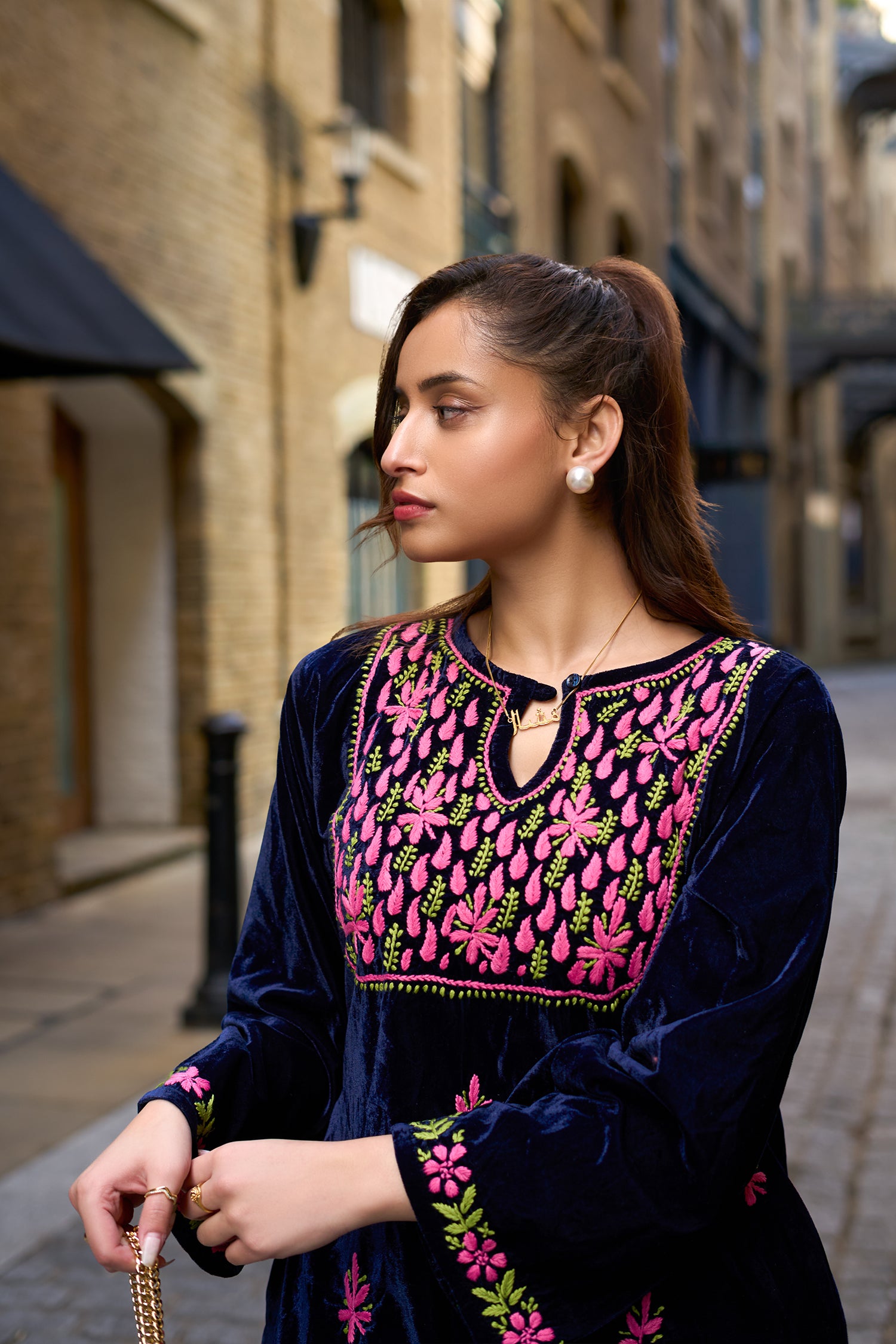 Velvet Chikankari Kurta Set – Blue