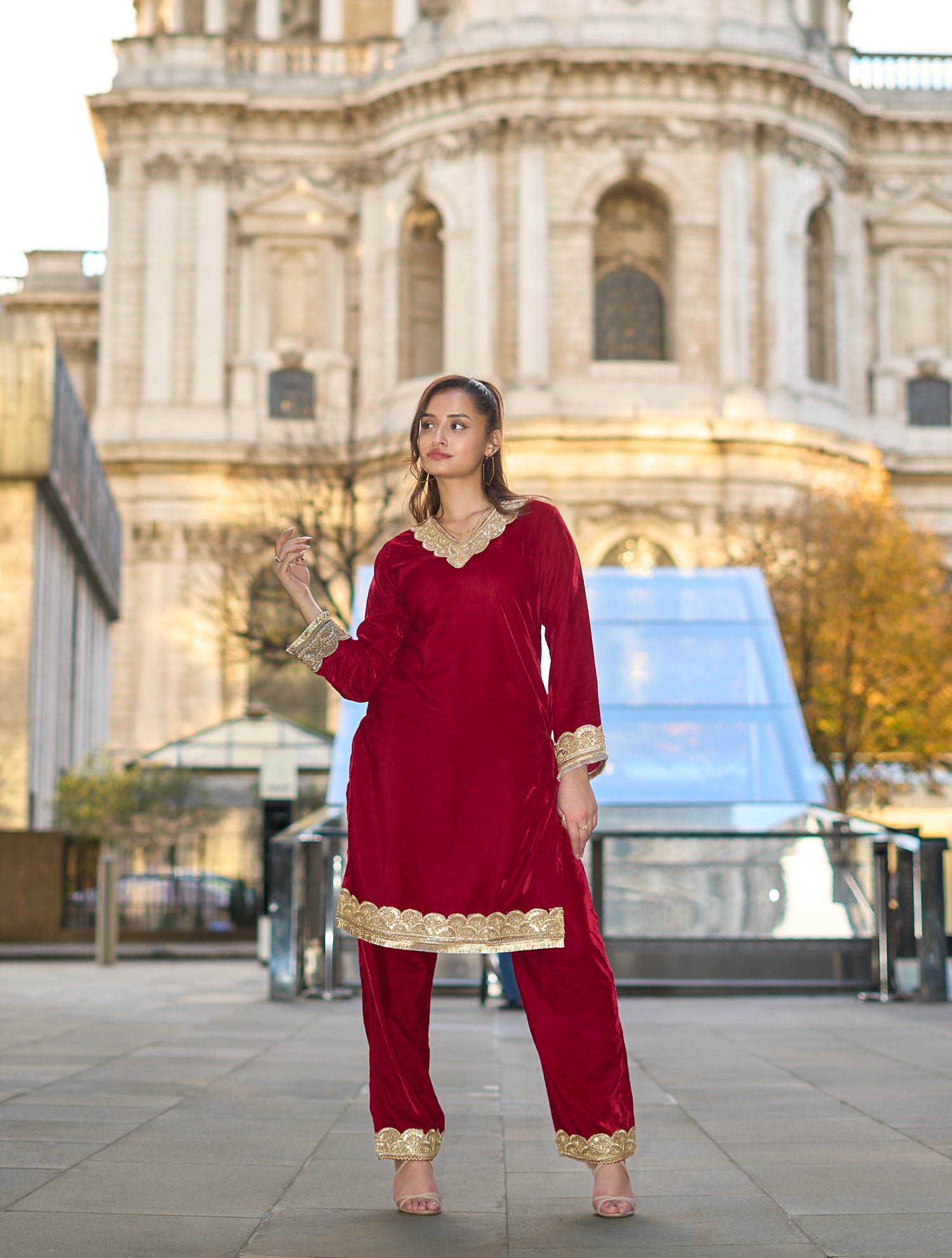 Velvet Kurta Set with Gold Zari Lace Work - Red