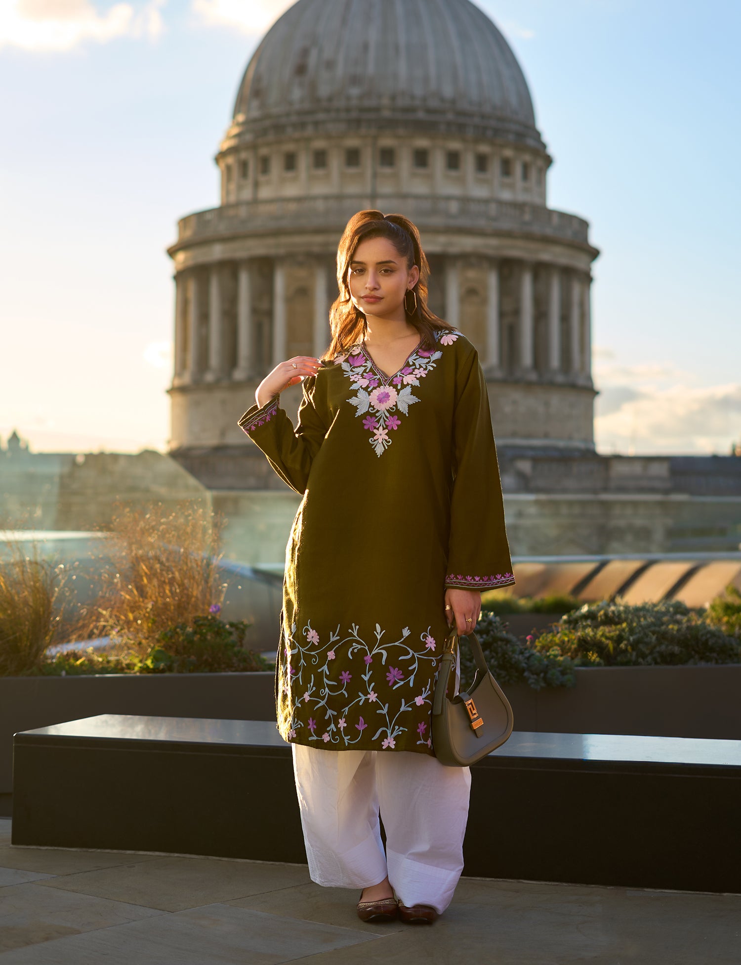 Woolen Phiran in Kashmiri Aari Embroidery - Green