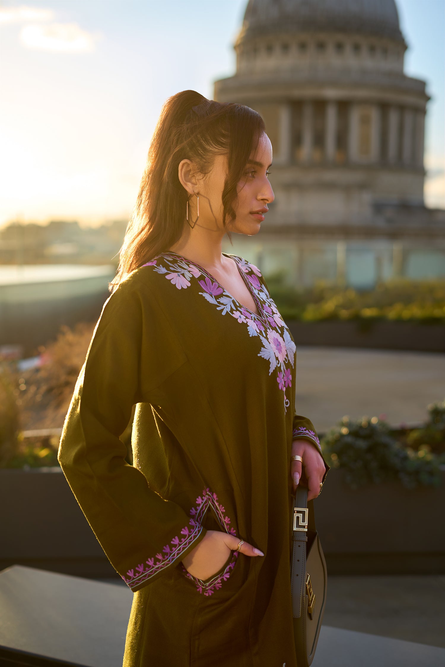 Woolen Phiran in Kashmiri Aari Embroidery - Green