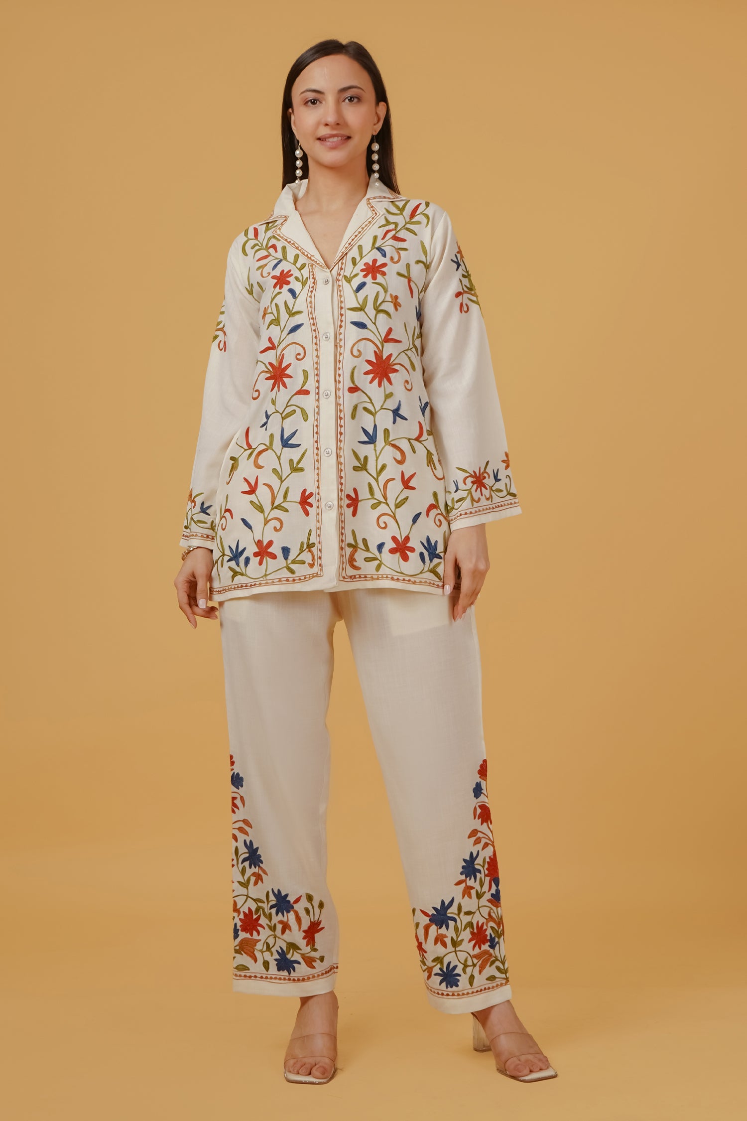 Cotton Kashmiri Aari Embroidered Kurta Set - Ivory