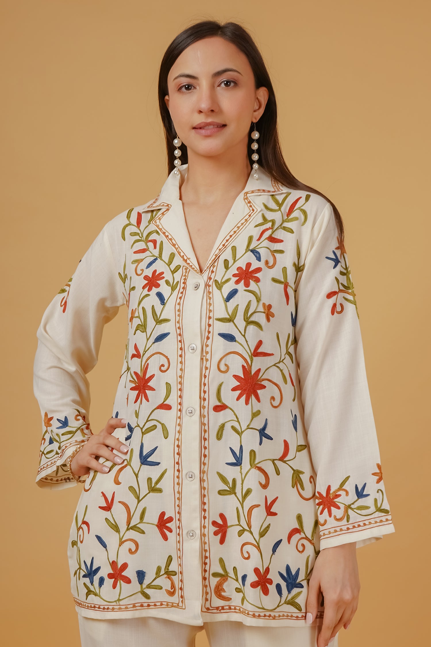 Cotton Kashmiri Aari Embroidered Kurta Set - Ivory