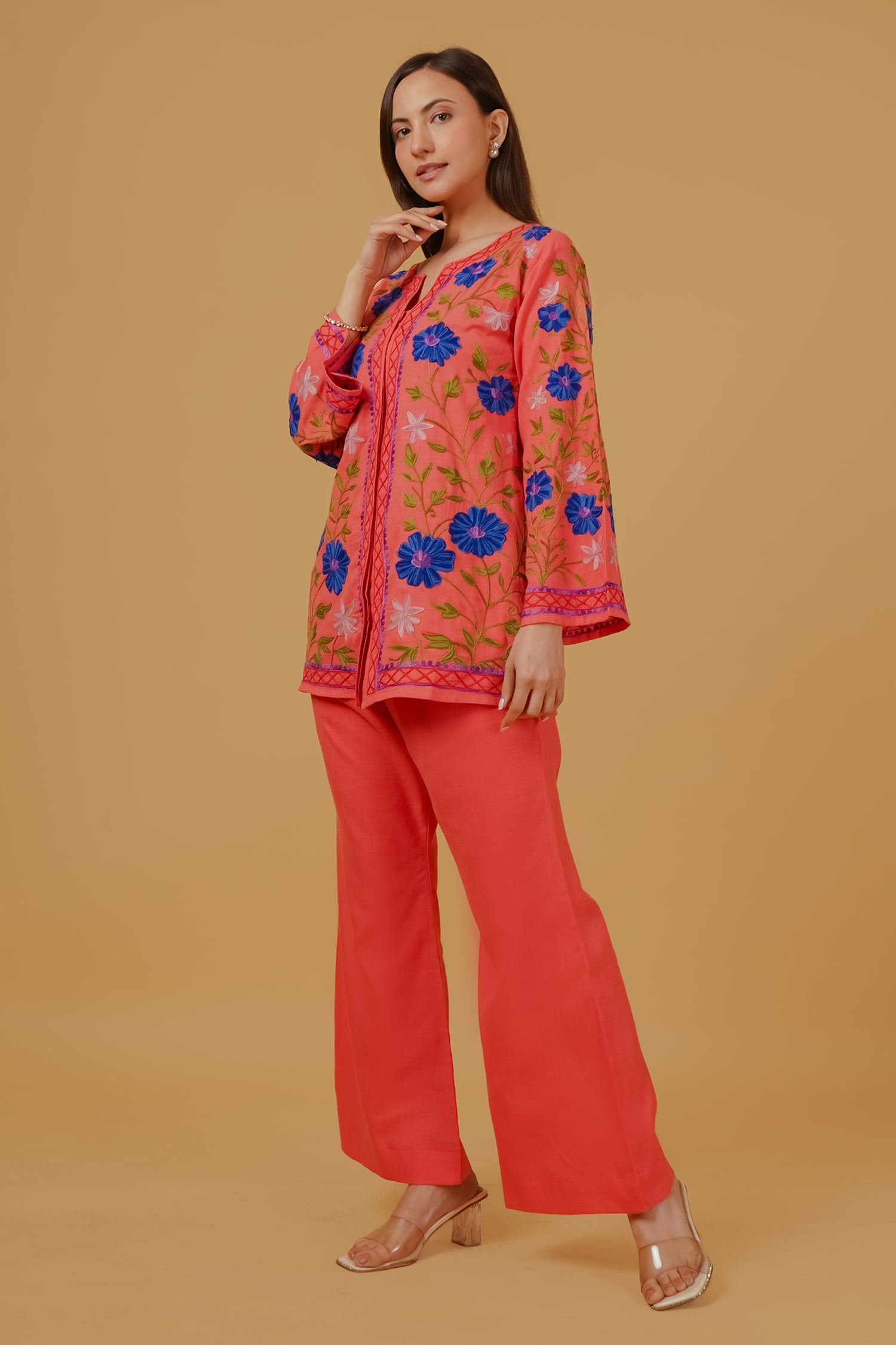 Cotton Kashmiri Aari Embroidered Jacket - Peach