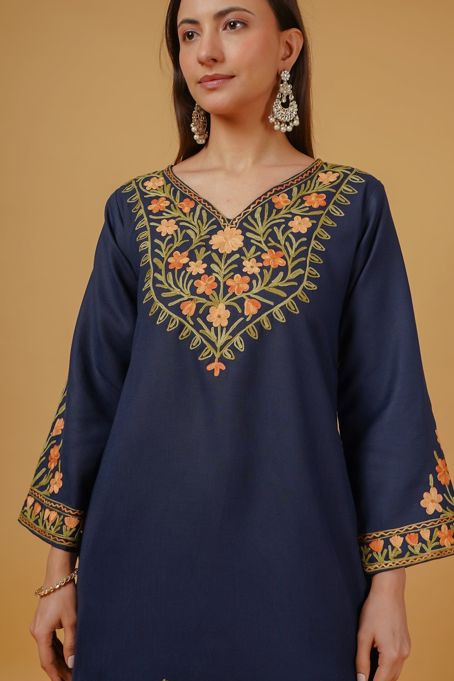Cotton Kashmiri Aari Embroidered Kurta Set With Farsi Pant- Navy Blue