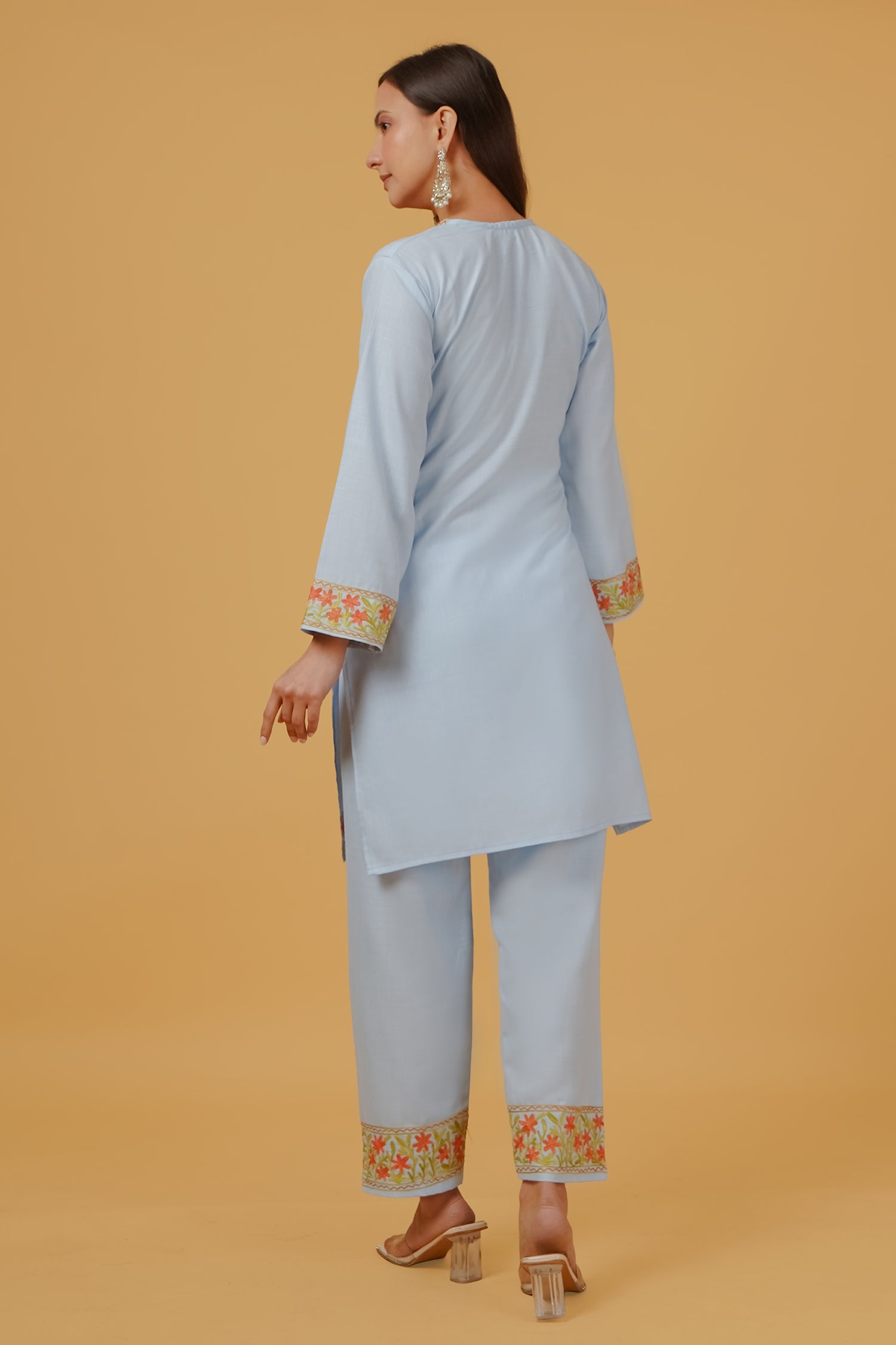 Cotton Kashmiri Aari Embroidered Kurta Set - Sky Blue