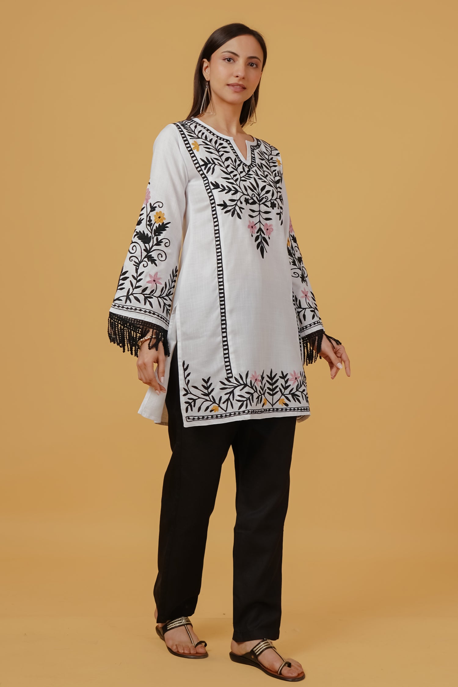 Cotton Kashmiri Aari Embroidered Kurta- White With Black