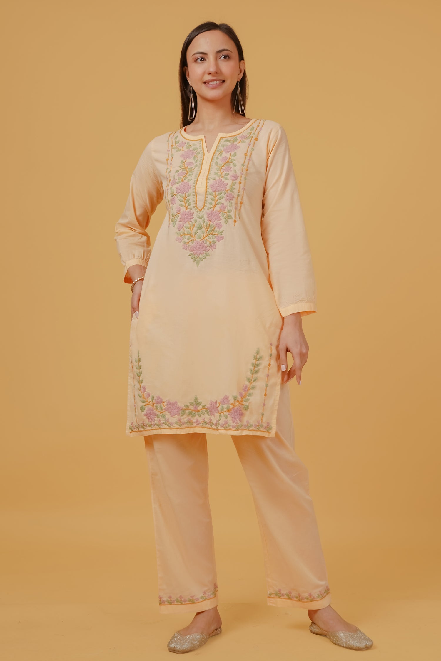 Chikankari Embroidered Kurta Set With Bellbottoms in Cotton– Peach Floral
