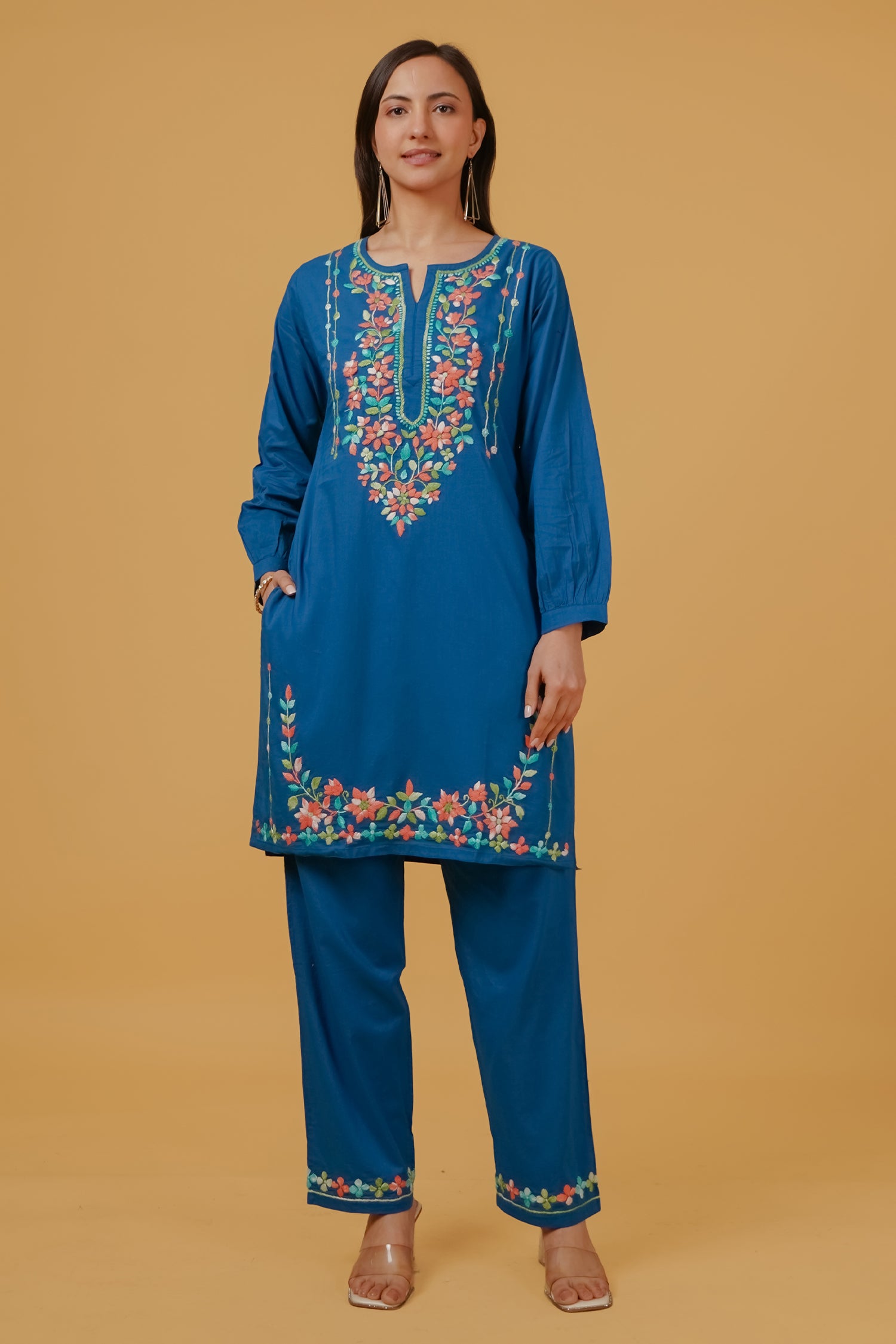 Chikankari Embroidered Kurta Set With Bellbottoms in Cotton – Teal Blue