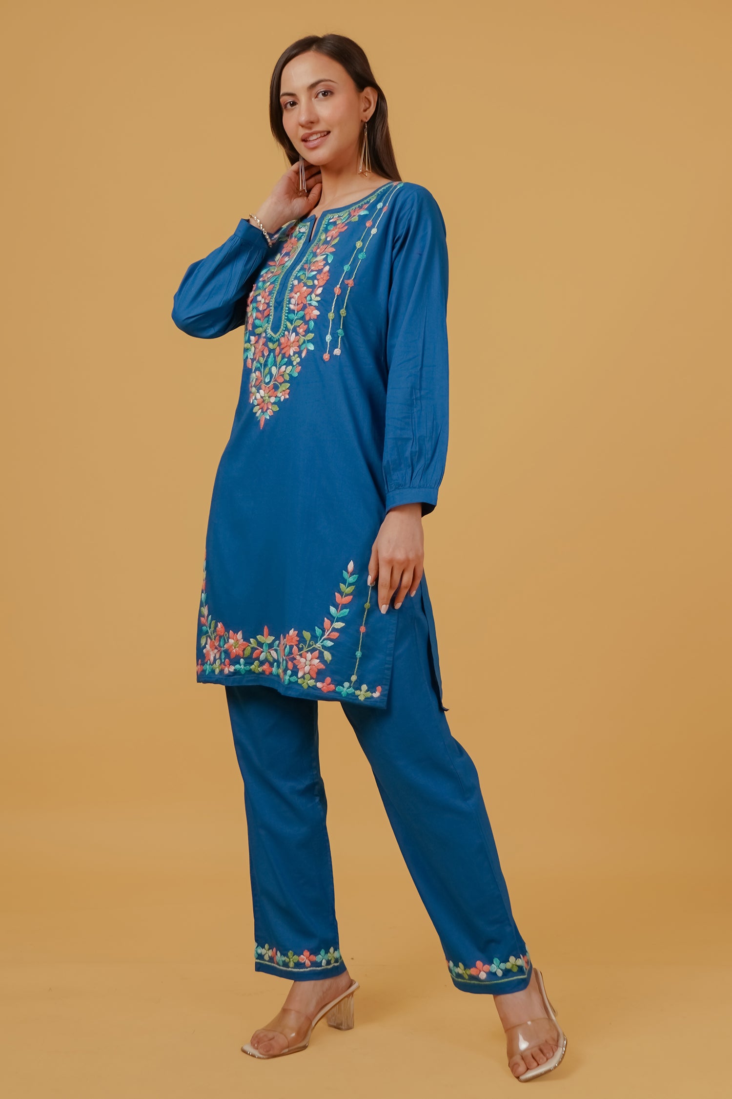 Chikankari Embroidered Kurta Set With Bellbottoms in Cotton – Teal Blue