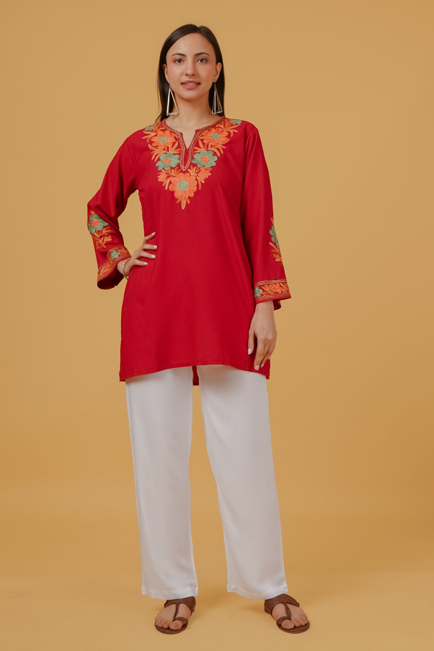 Cotton Kashmiri Aari Embroidered Short Kurta - Maroon