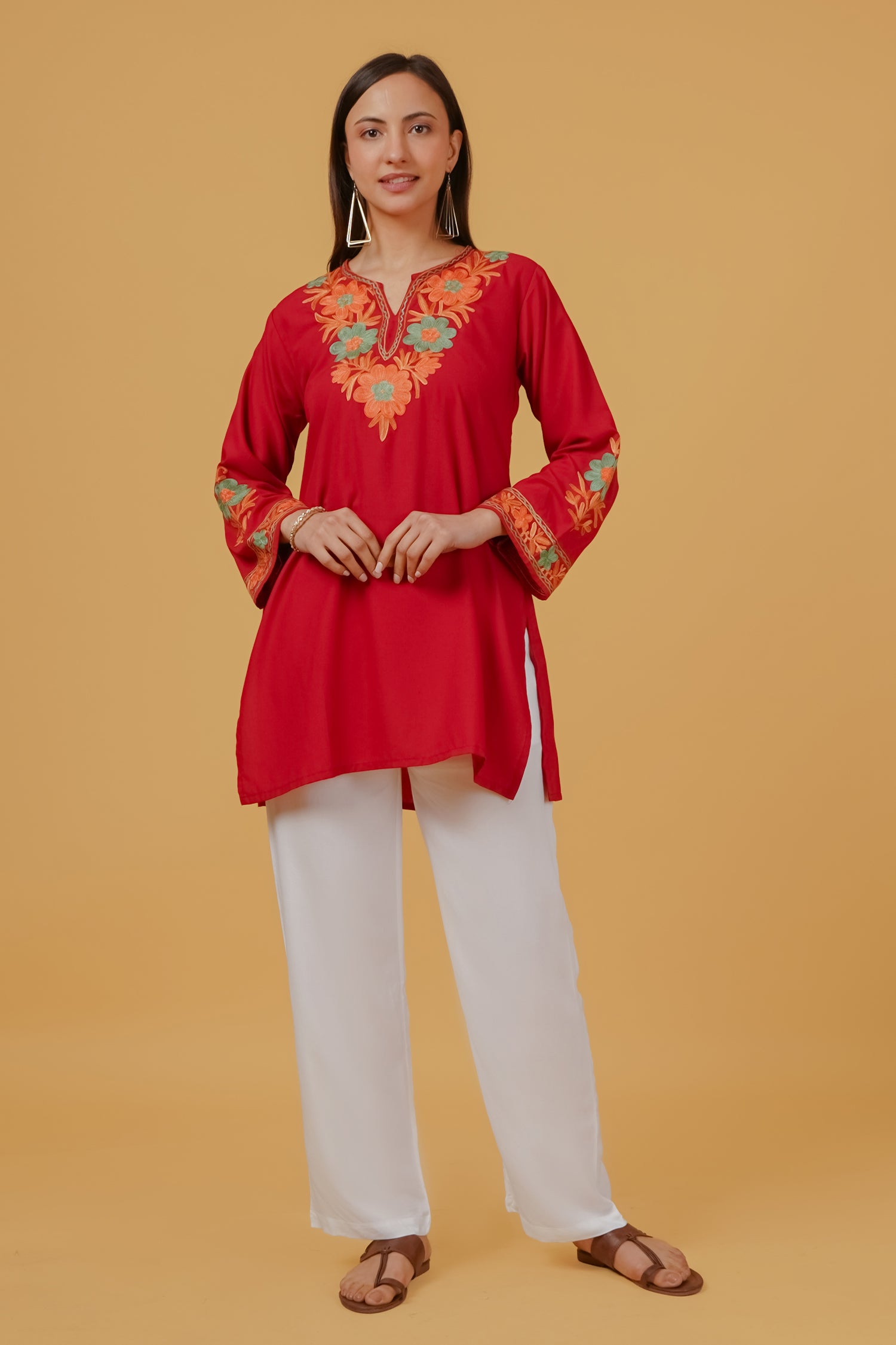 Cotton Kashmiri Aari Embroidered Short Kurta - Maroon