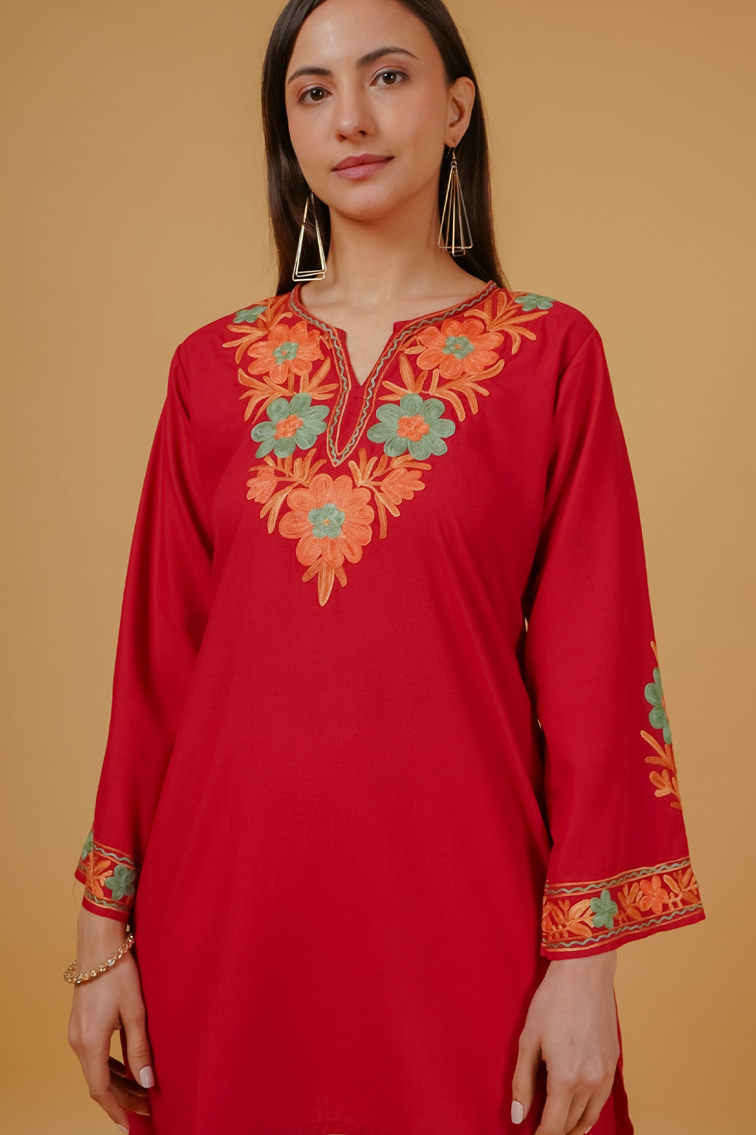 Cotton Kashmiri Aari Embroidered Short Kurta - Maroon