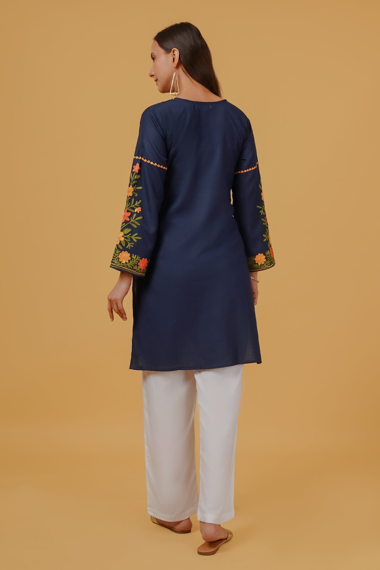 Cotton Kashmiri Aari Embroidered Long Kurta - Navy Blue