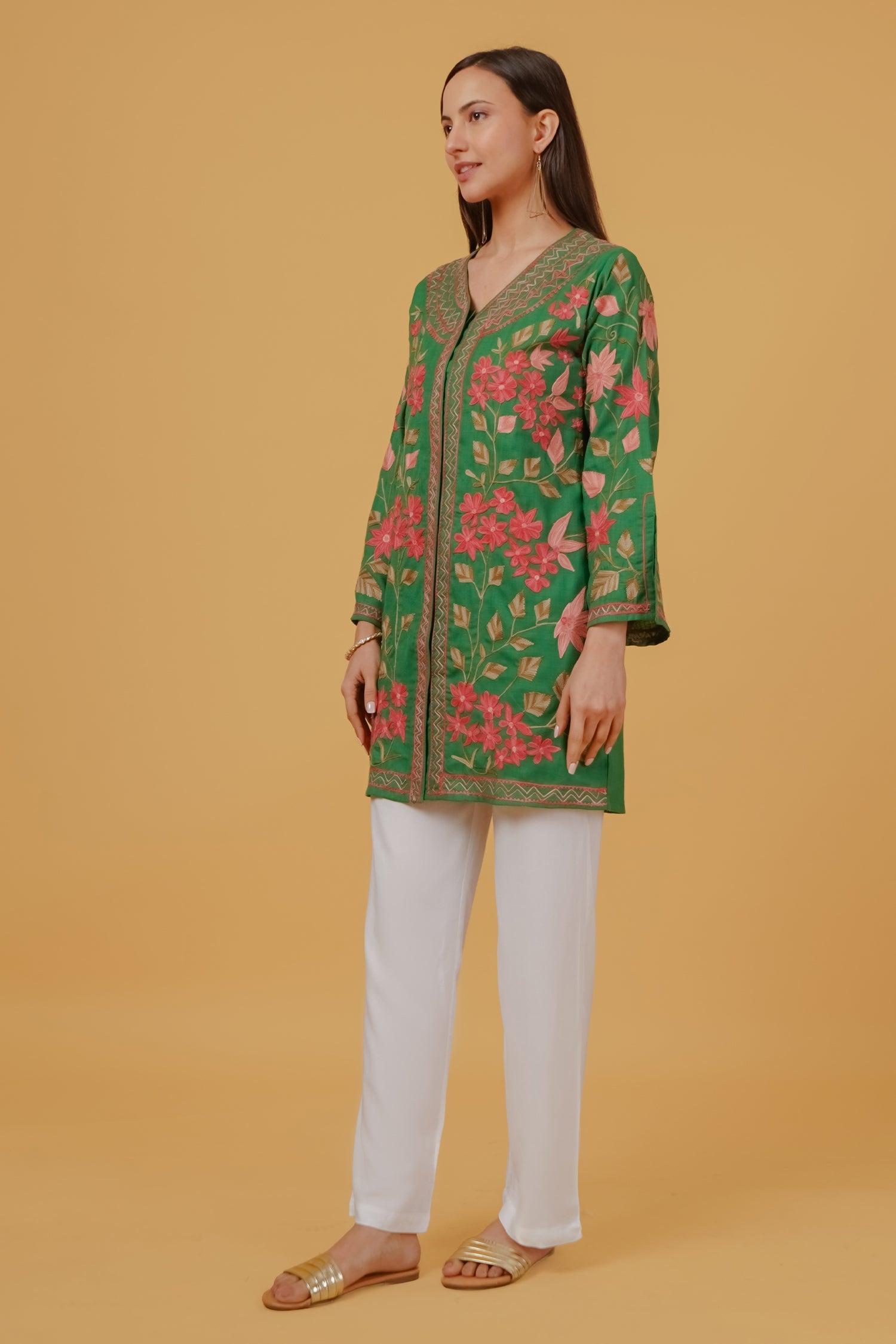 Cotton Kashmiri Aari Embroidered Jacket – Green