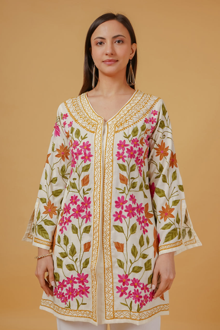 Khushbu in Cotton Kashmiri Aari Embroidered Jacket – Off White