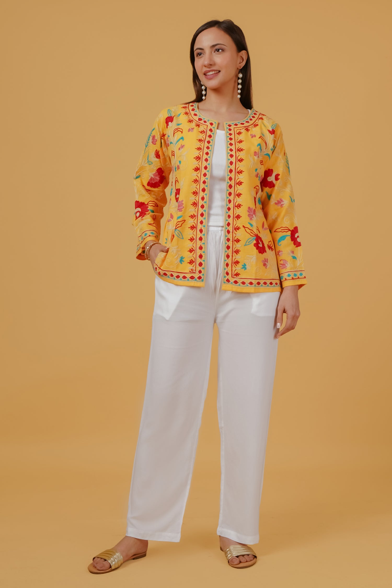 Mahak in Cotton Kashmiri Aari Embroidered Jacket – Mustard