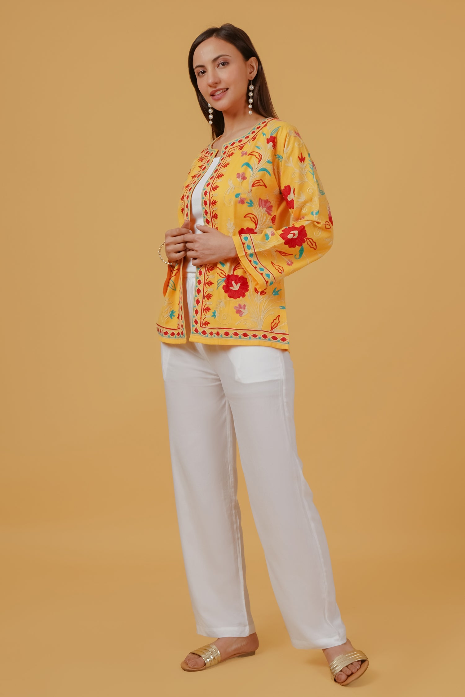 Mahak in Cotton Kashmiri Aari Embroidered Jacket – Mustard