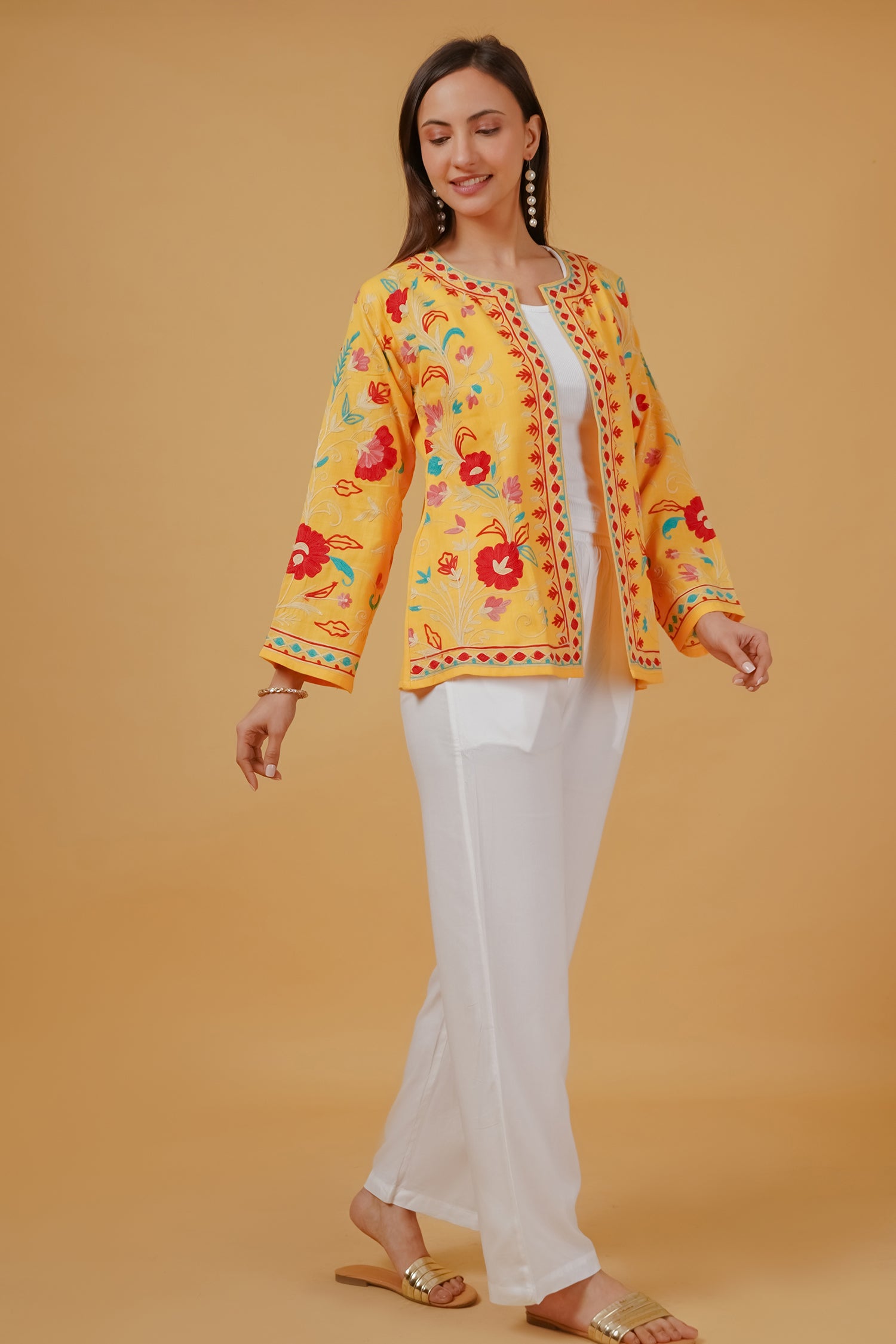 Mahak in Cotton Kashmiri Aari Embroidered Jacket – Mustard