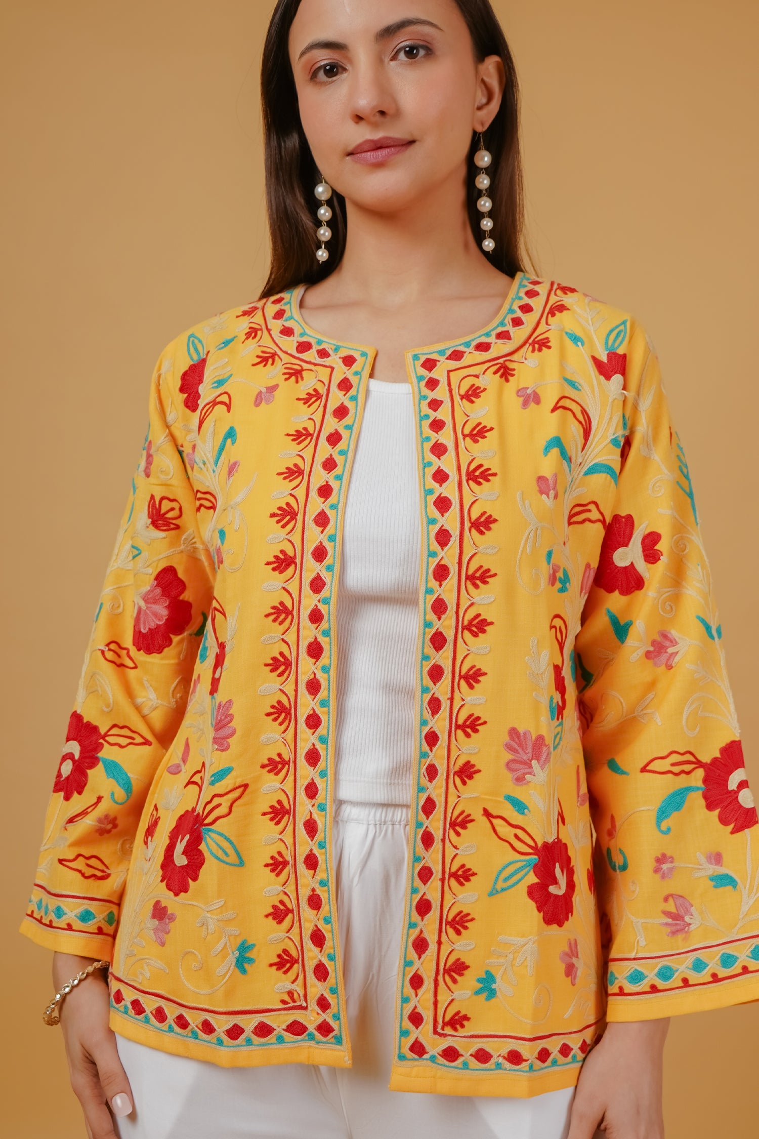 Mahak in Cotton Kashmiri Aari Embroidered Jacket – Mustard