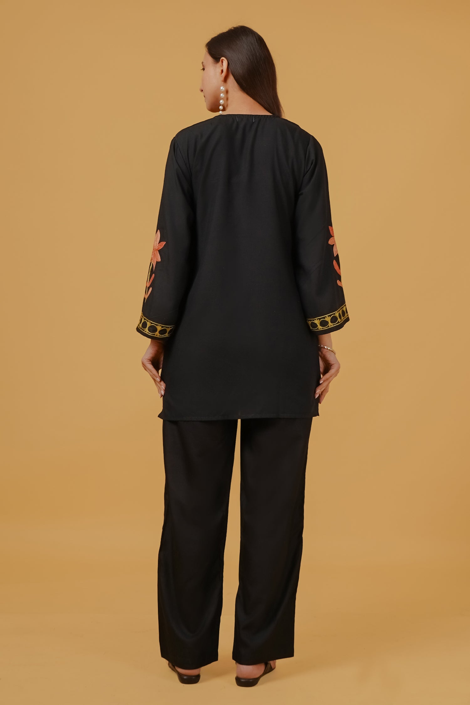 Cotton Kashmiri Aari Embroidered Short Kurta - Black