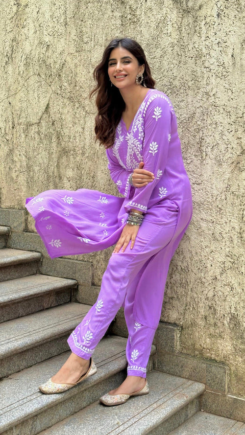 Miesha Chikankari Long Modal Kurta Set - Purple - House Of Kari (Chikankari Clothing)