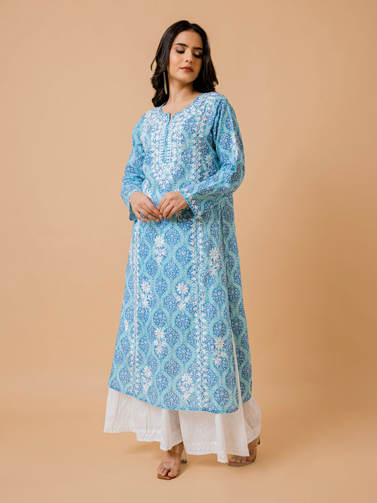 Fizaa Chikankari Kurta in Mul cotton in Blue Print
