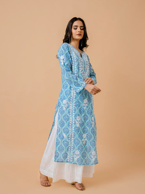 Fizaa Chikankari Kurta in Mul cotton in Blue Print