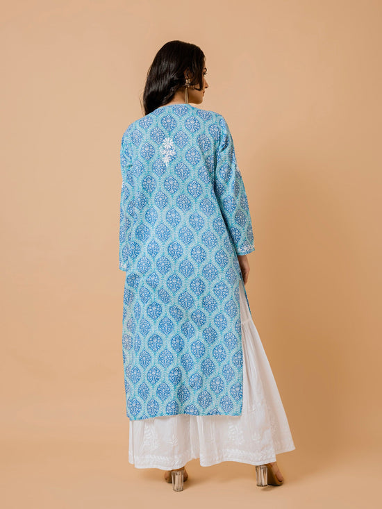 Shreya in Fizaa Chikankari Kurta in Mul cotton in Blue Print